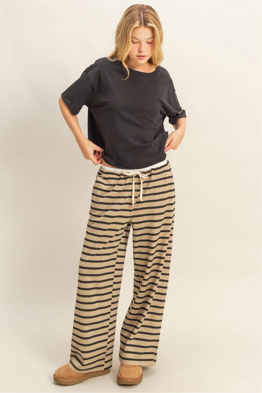 Striped Knit Drawstring Lounge Pants: TAUPE/ BLACK