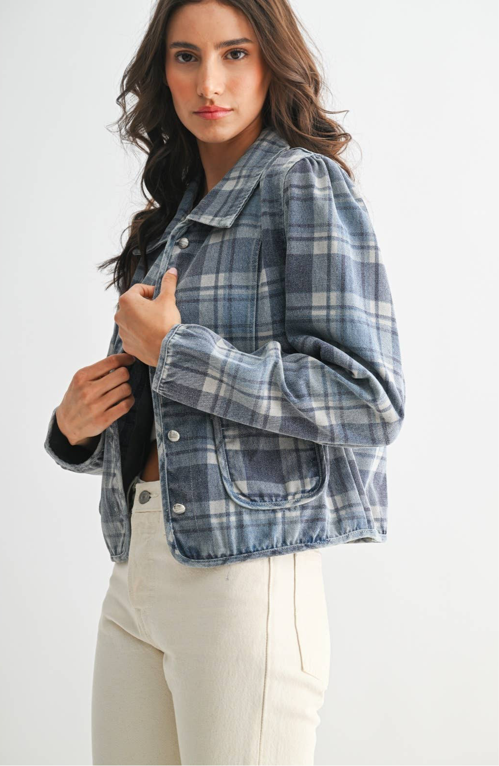 PLAID DENIM JACKET: MEDIUM DENIM WASH PLAID / S-M-L(3-2-1)