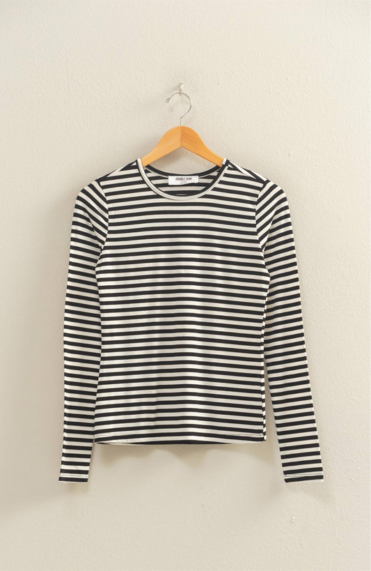Striped Crew Neck Fitted Long Sleeve Top: WHITE/BLACK