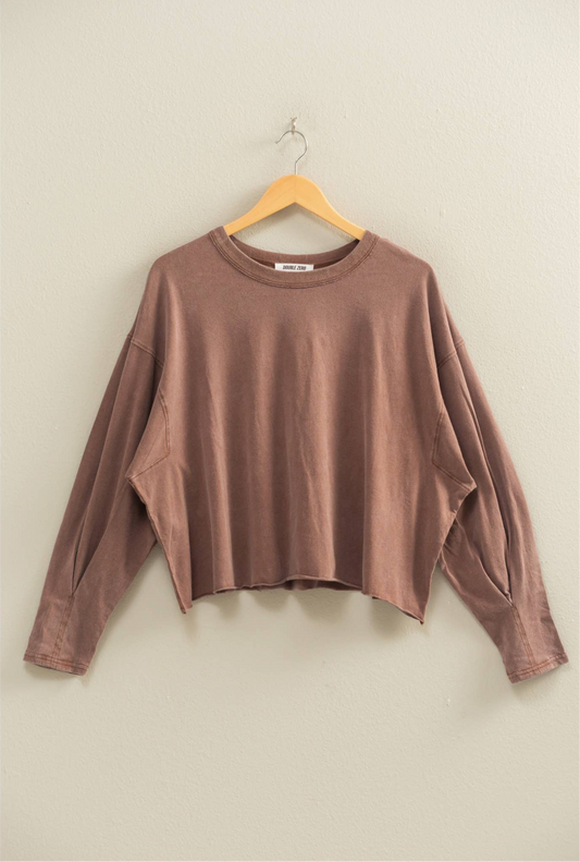 Washed Oversized Long Sleeve Top: CHESTNUT