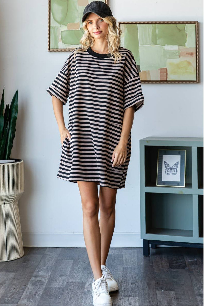 Stripe Knit Pullover Oversized Tee Dress : Oatmeal/Black