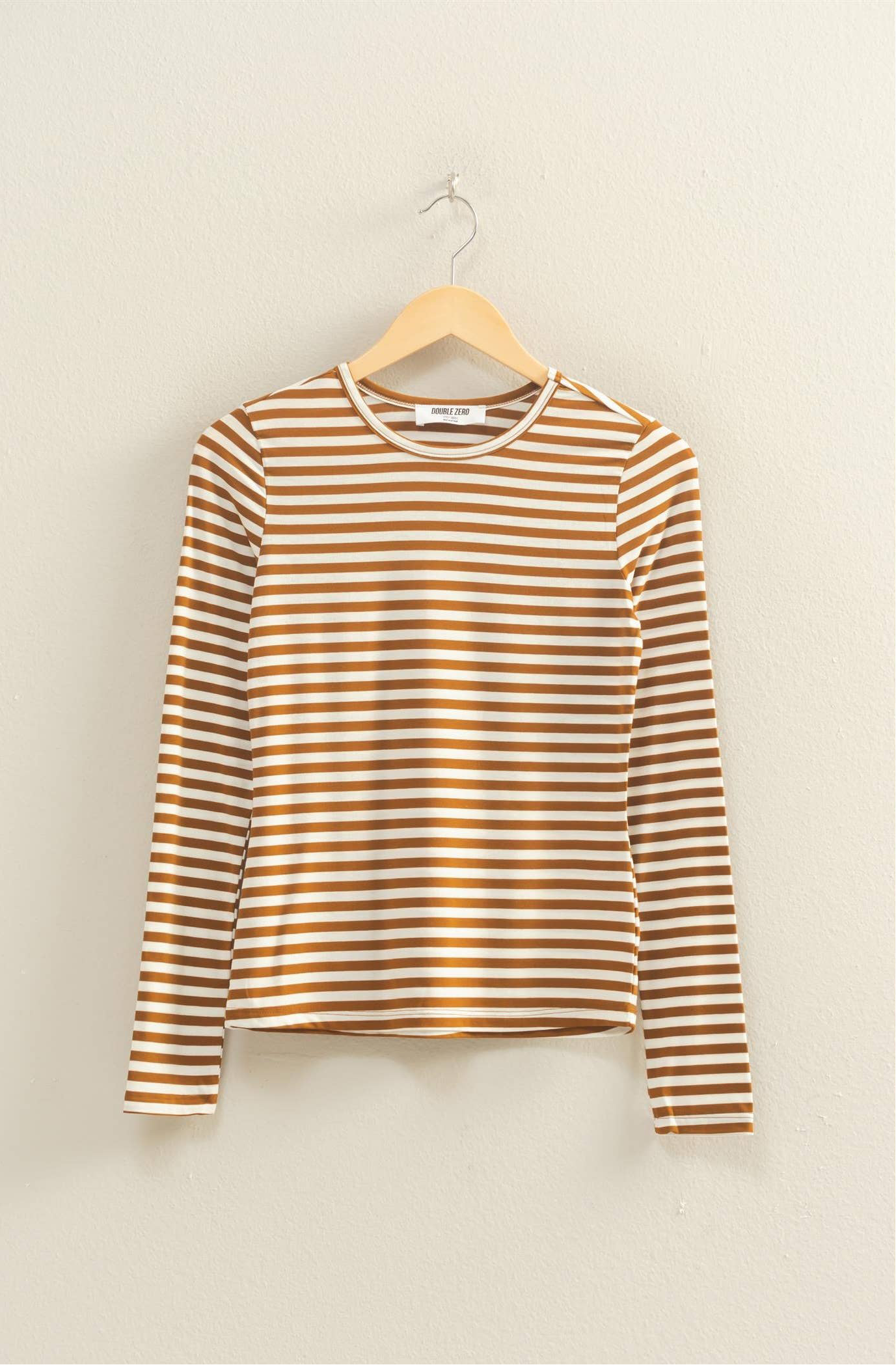 Striped Crew Neck Fitted Long Sleeve Top: BROWN/WHITE