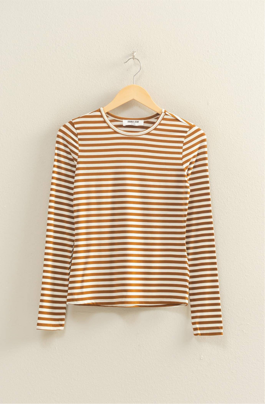 Striped Crew Neck Fitted Long Sleeve Top: BROWN/WHITE