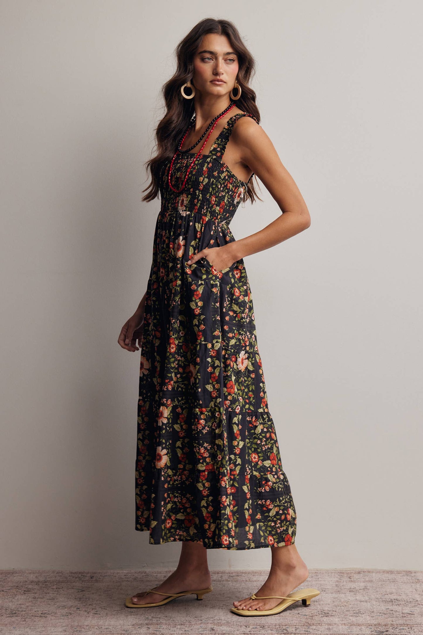 Floral Smocked Tiered Midi Dress: Black