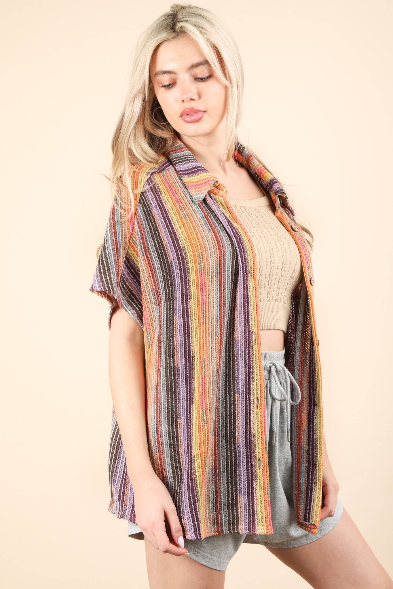 Oversized Crochet Multi Color Striped Shirt Top: BRICK MIX
