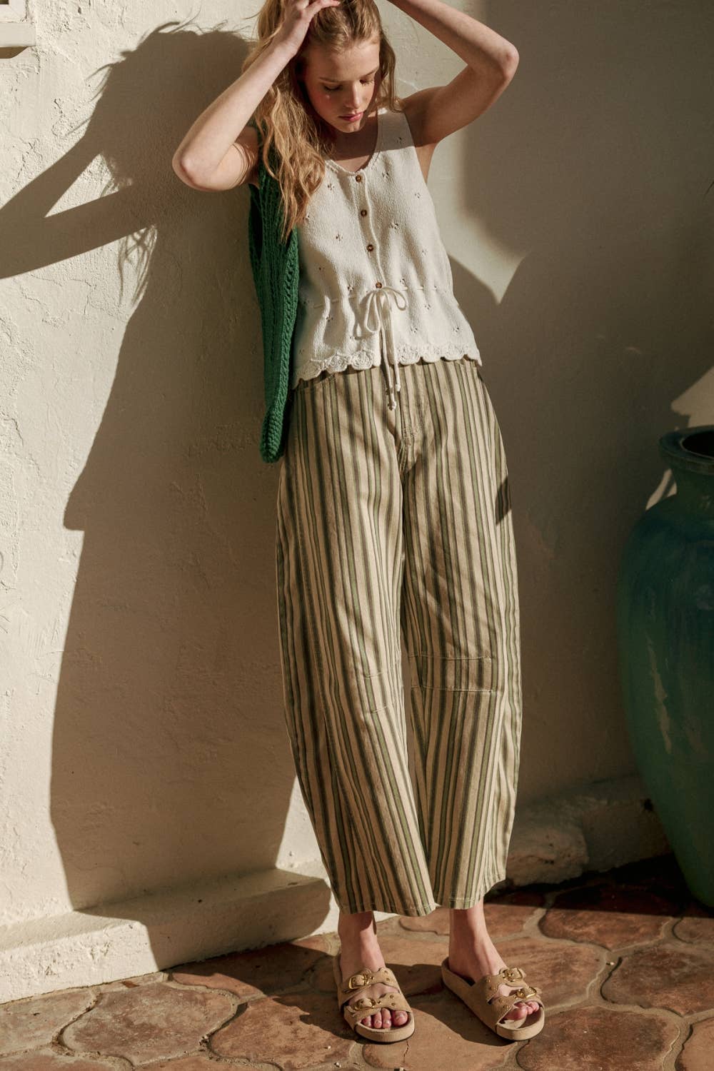 MULTI MIX STRIPE PRINTED BARREL PANTS: GREEN MULTI