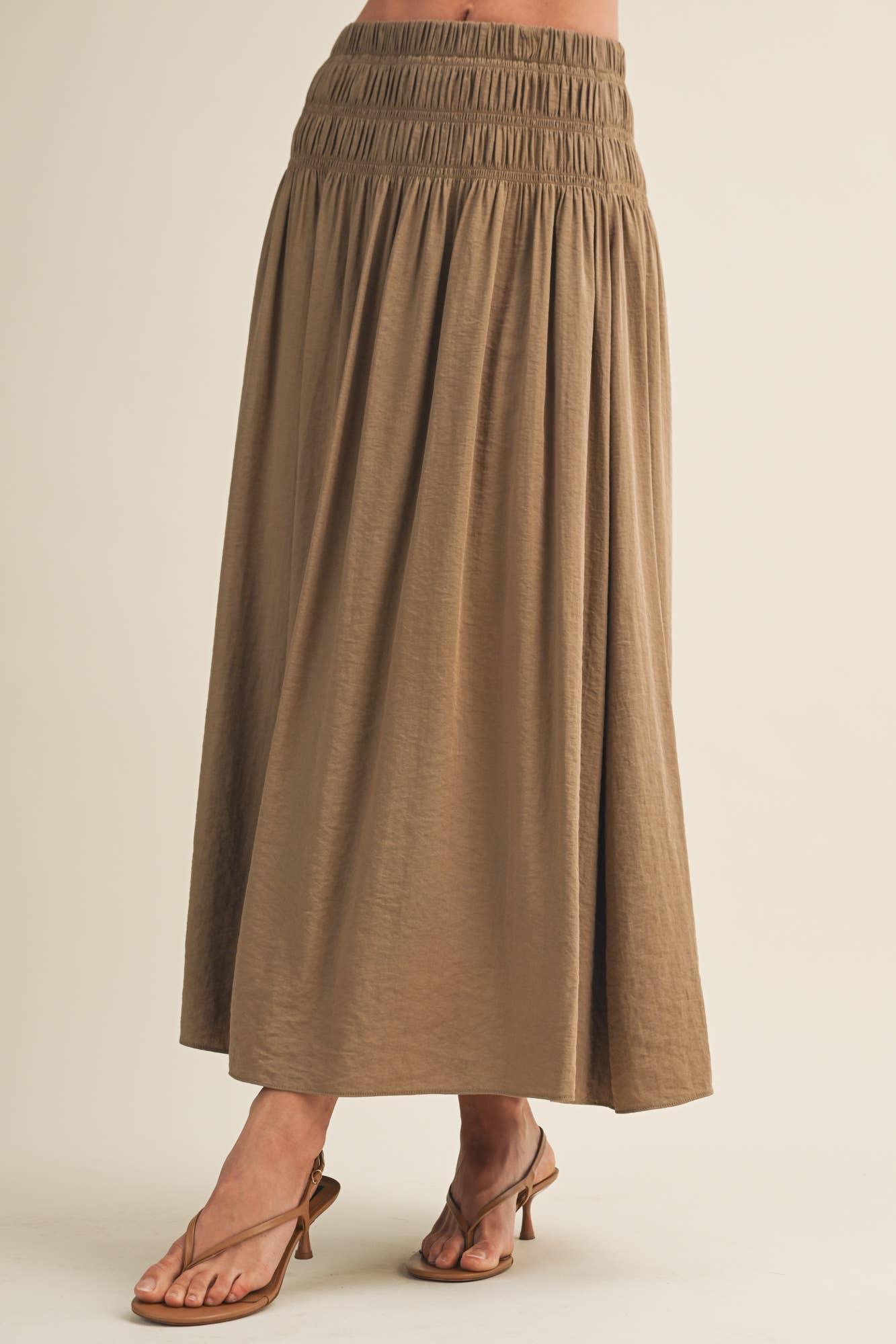 Smocked Waistband A-Line Maxi Skirt and bubble top set: MOCHA
