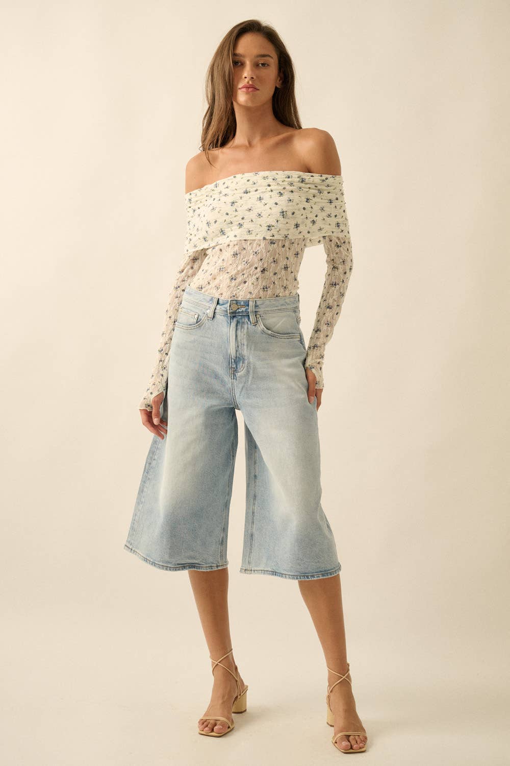 Floral-Print Lace Long-Sleeve Off-Shoulder Foldover Bodysuit: Cream