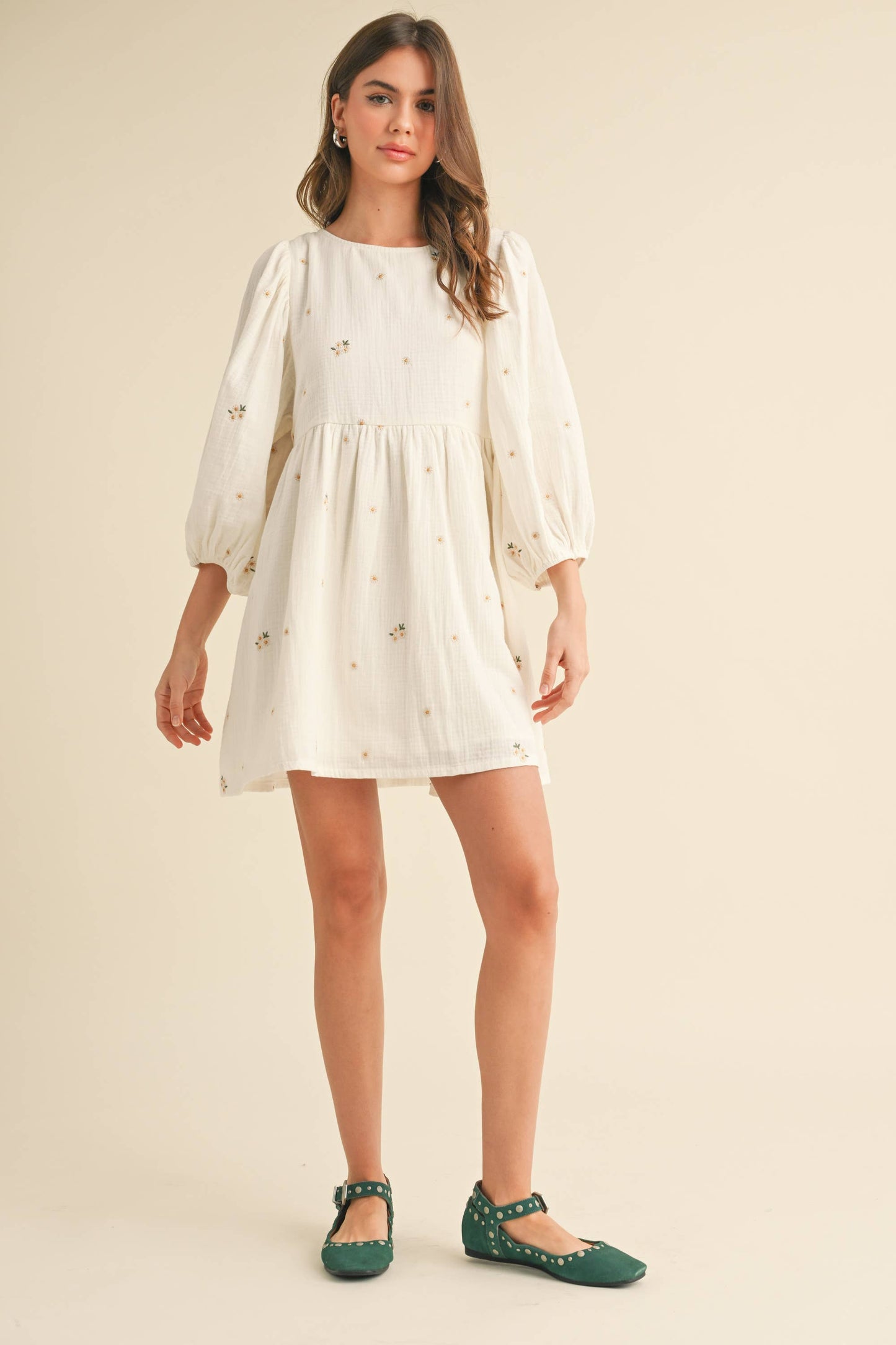 FLORAL GAUZE PUFF SLEEVE BABYDOLL MINI DREES