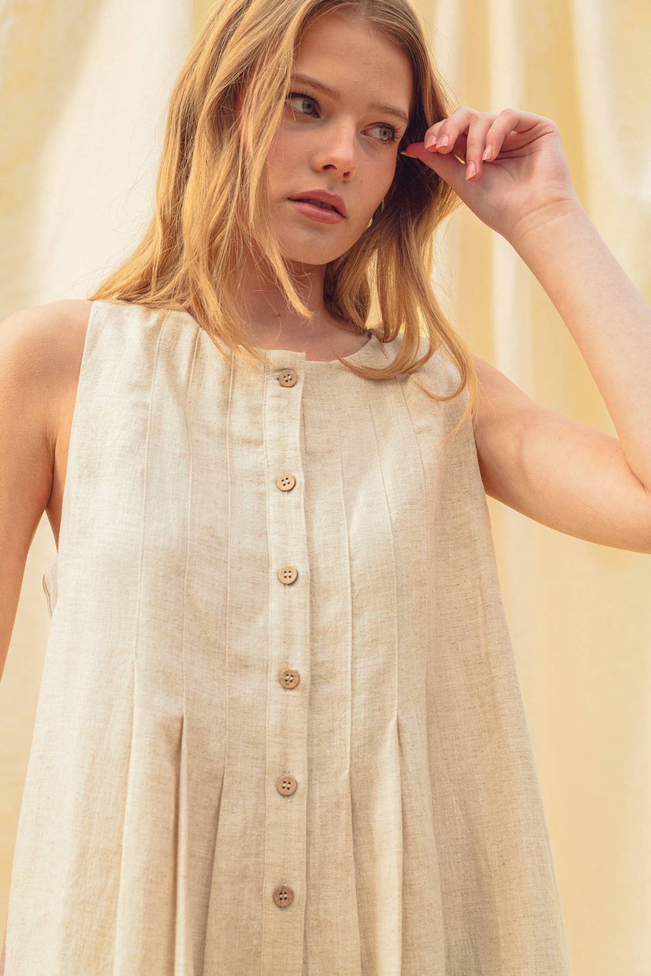 PLEATED ROMPER: OATMEAL