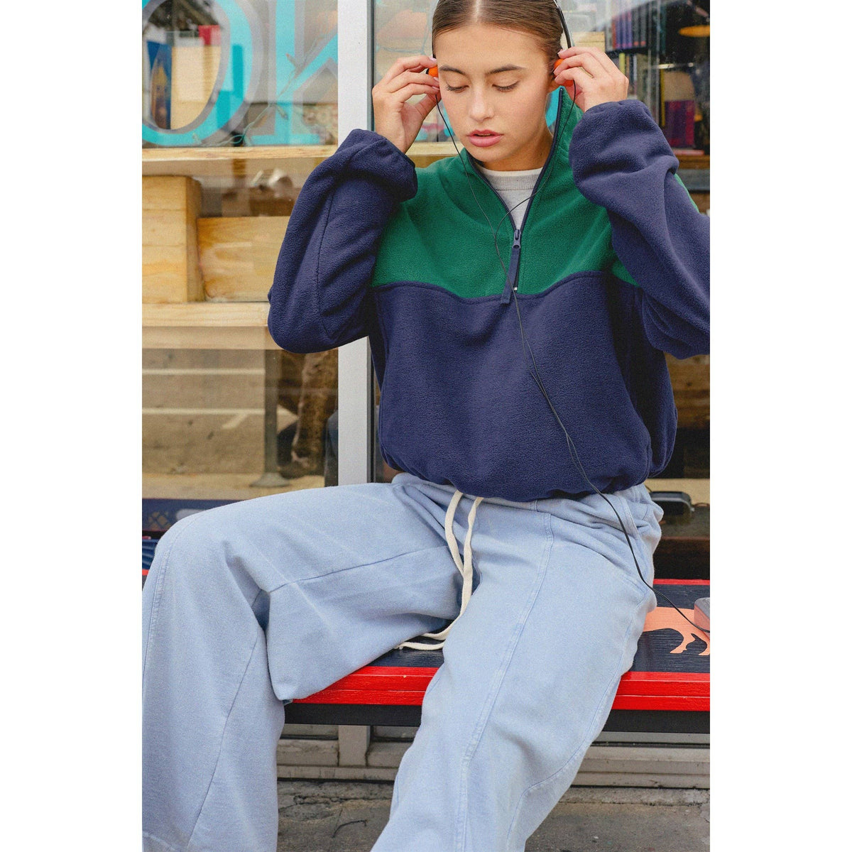 Acid Wash Drawstring Waist Wide Leg Pants: DUSTY BLUE
