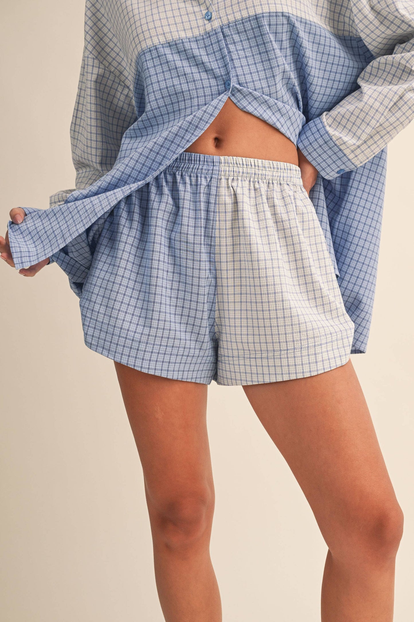Long Sleeve Button Down Shirt and Short Set: Blue Multi