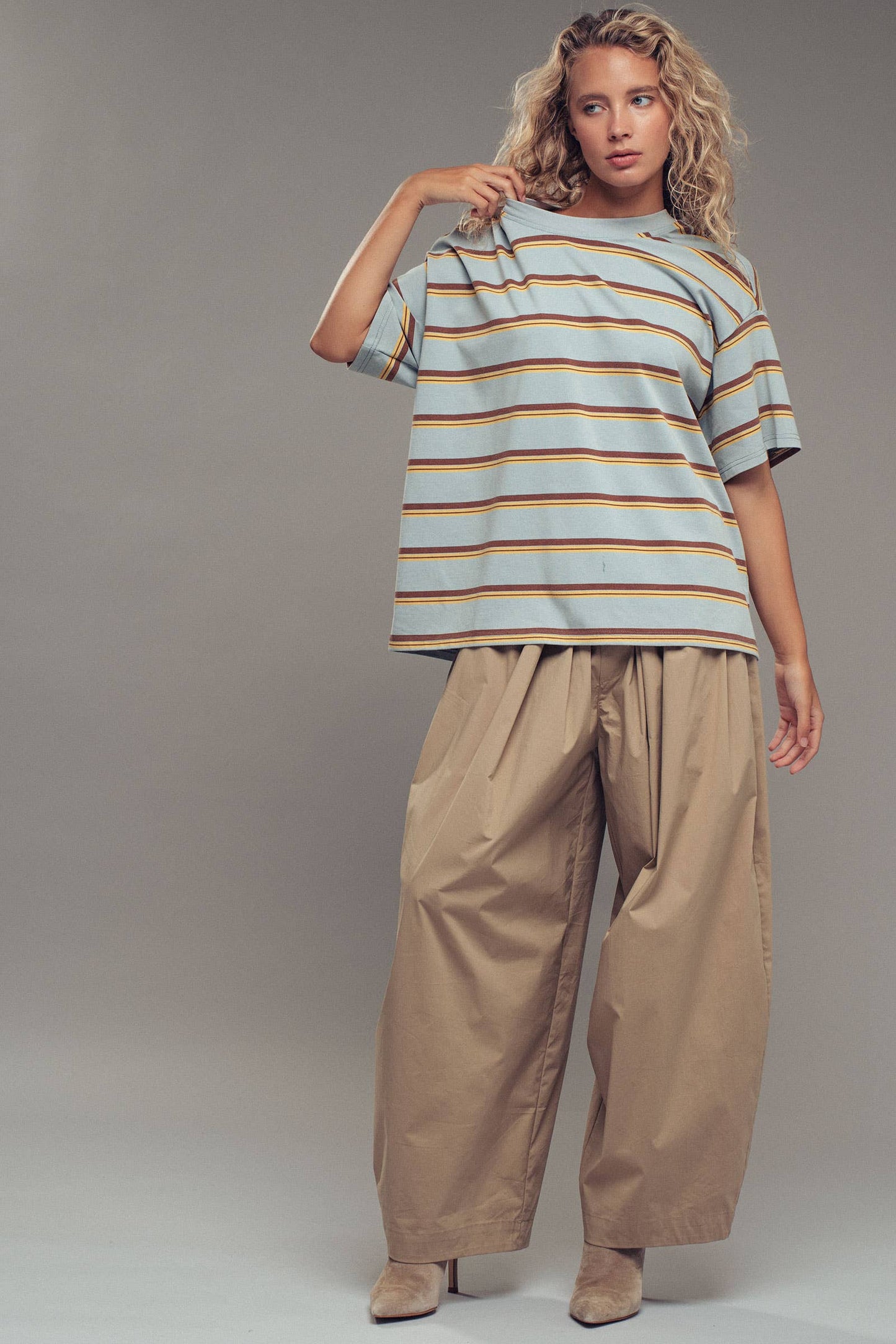 Oversized Striped Western Relaxed Fit Tee: BLUE BROWN