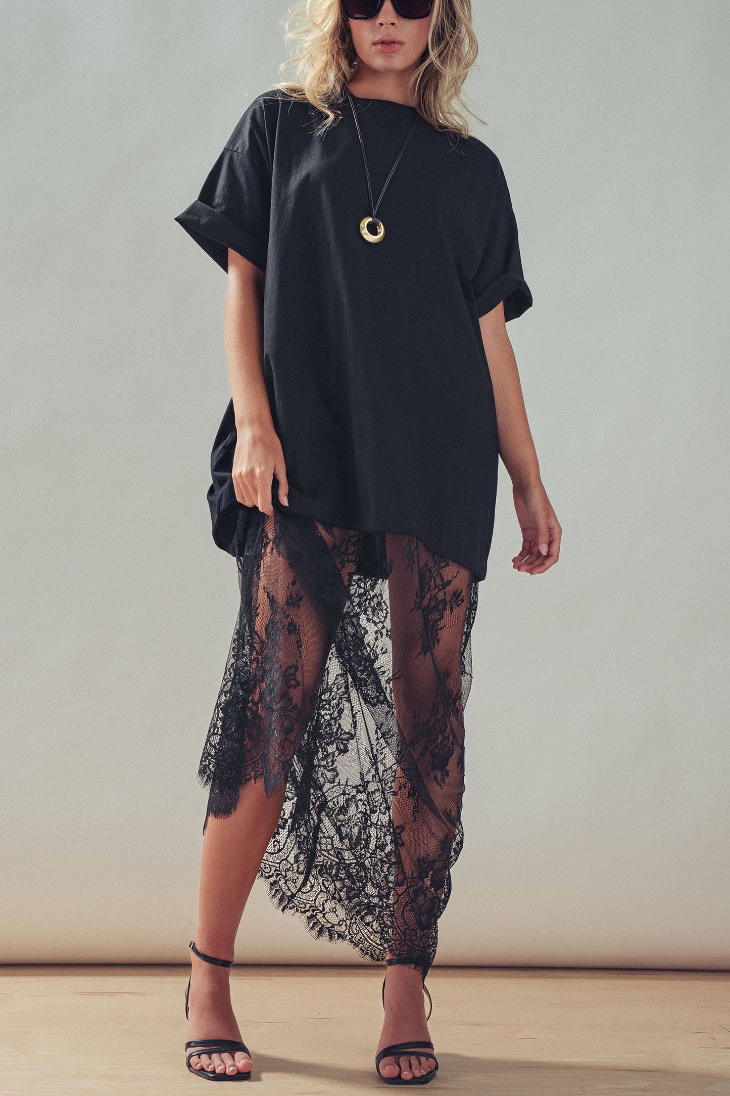 Mixed-Media T-Shirt Dress with Sheer Lace Skirt: Black