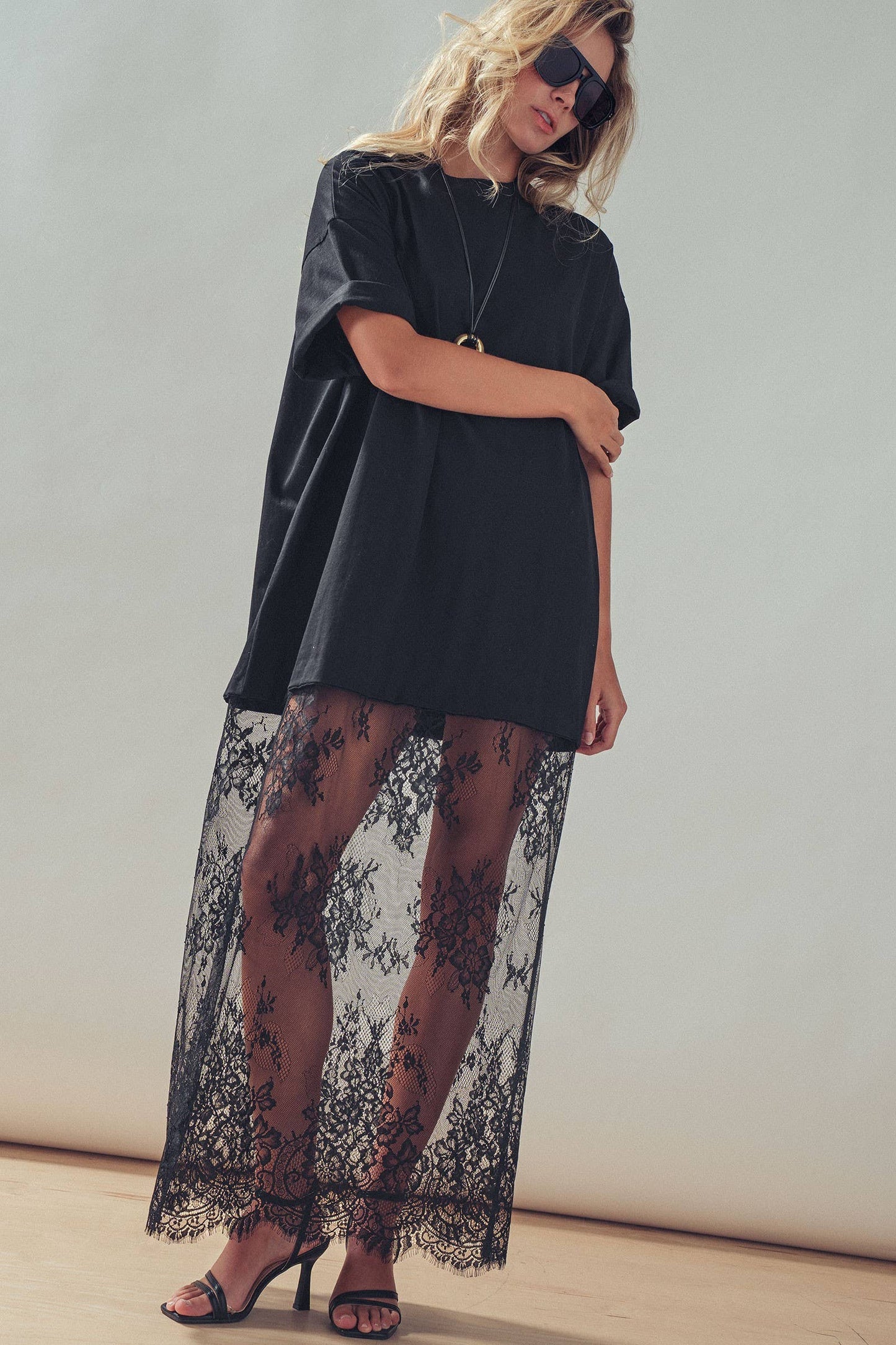 Mixed-Media T-Shirt Dress with Sheer Lace Skirt: Black