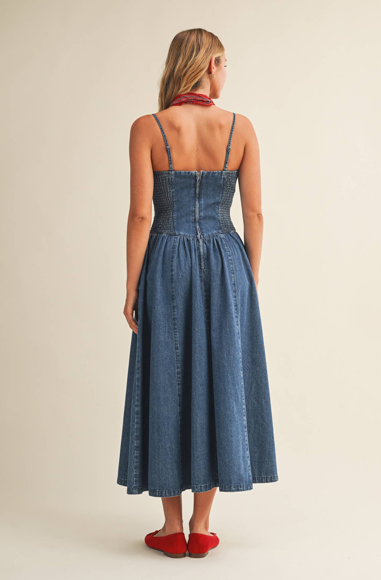 Seamed Bustier Full Skirt Denim Dress: WASHED DENIM