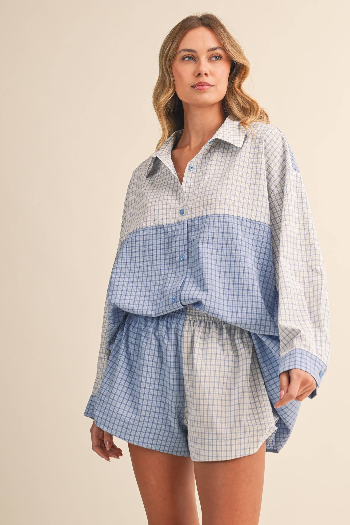 Long Sleeve Button Down Shirt and Short Set: Blue Multi