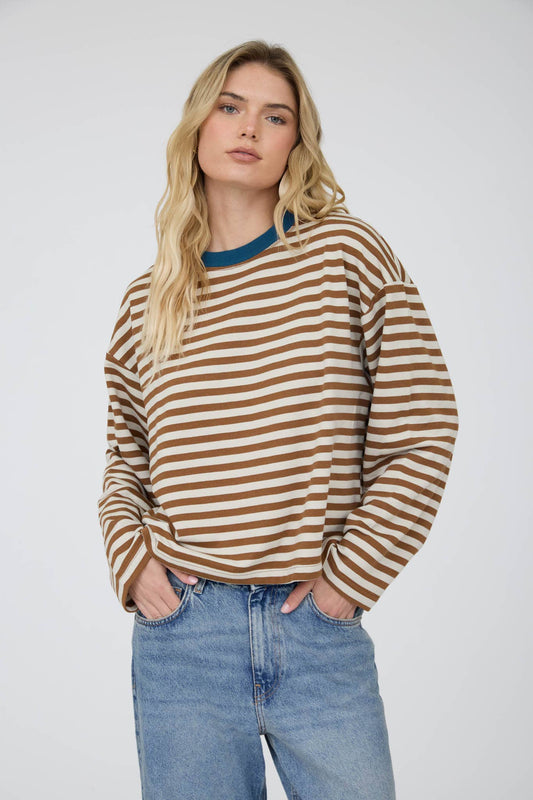 COLOR BLOCK NECK TRIM LONG SLEEVE BOXY KNIT TOP : TAN MULTI