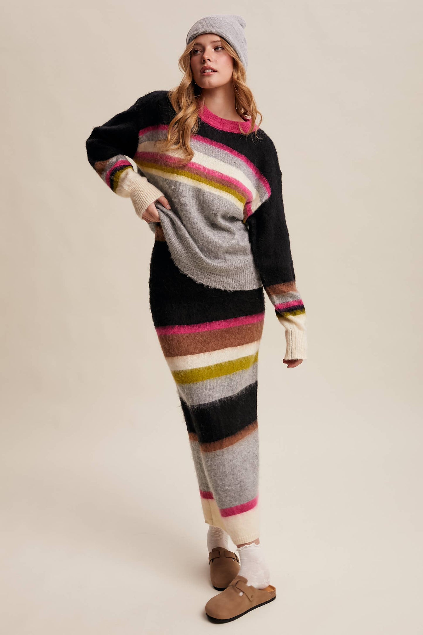 Striped Fuzzy Knit Sweater & Skirt: Light Pink Multi
