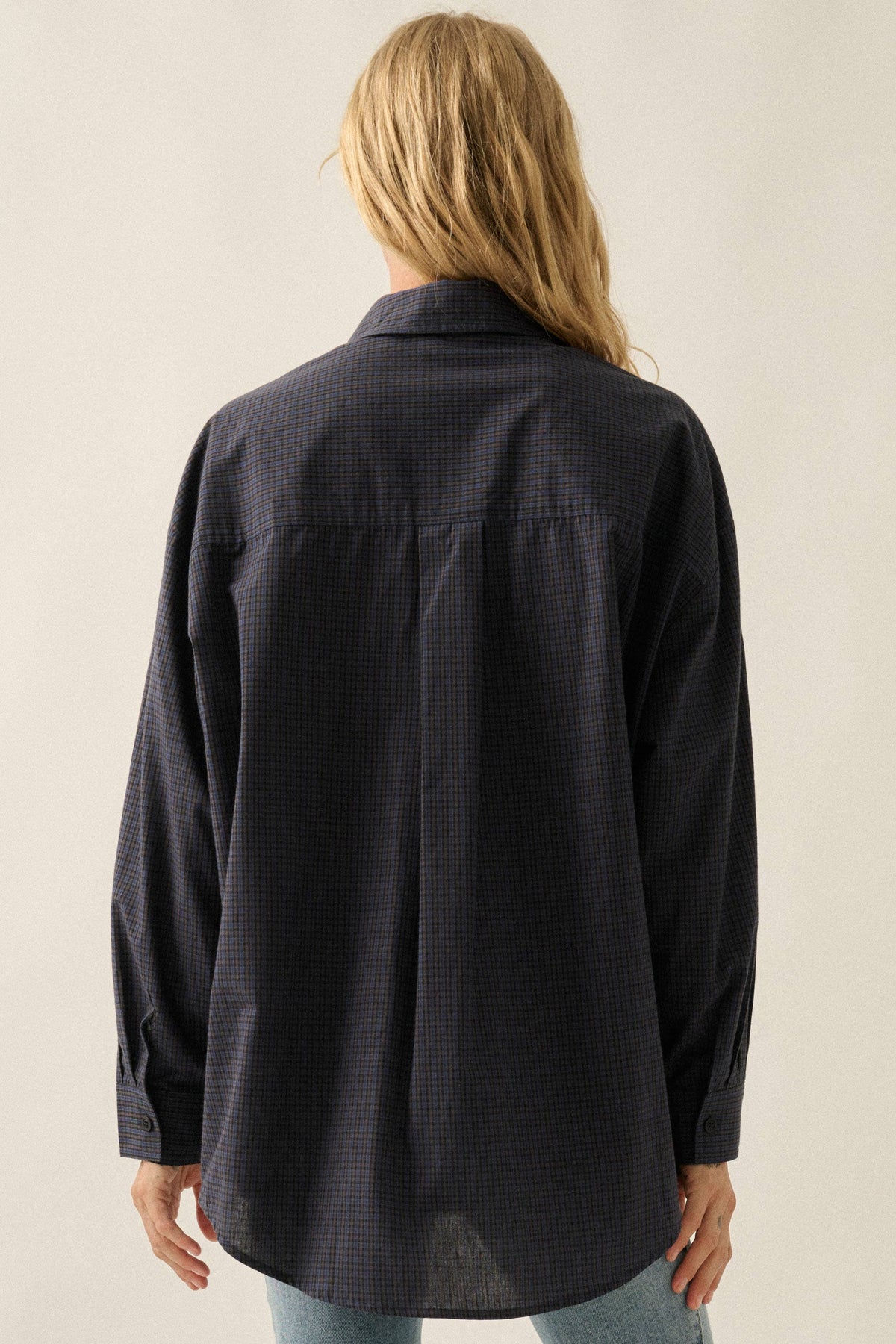 Plaid Button-Front Collared Long-Sleeve Oversize Shirt: Retro Blue