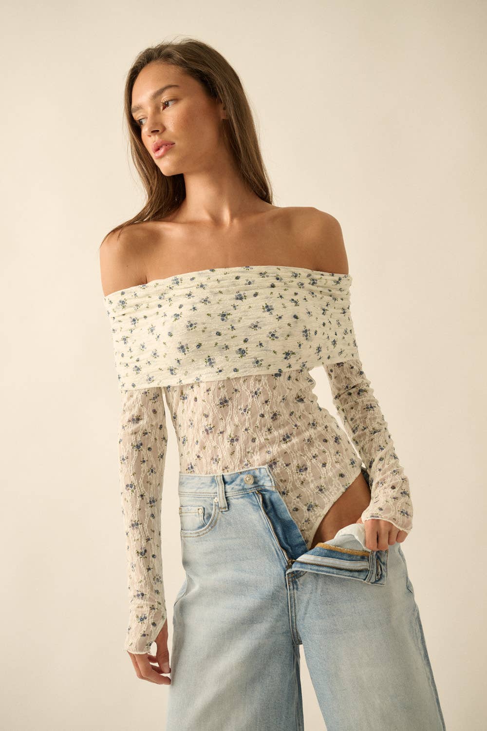 Floral-Print Lace Long-Sleeve Off-Shoulder Foldover Bodysuit: Cream