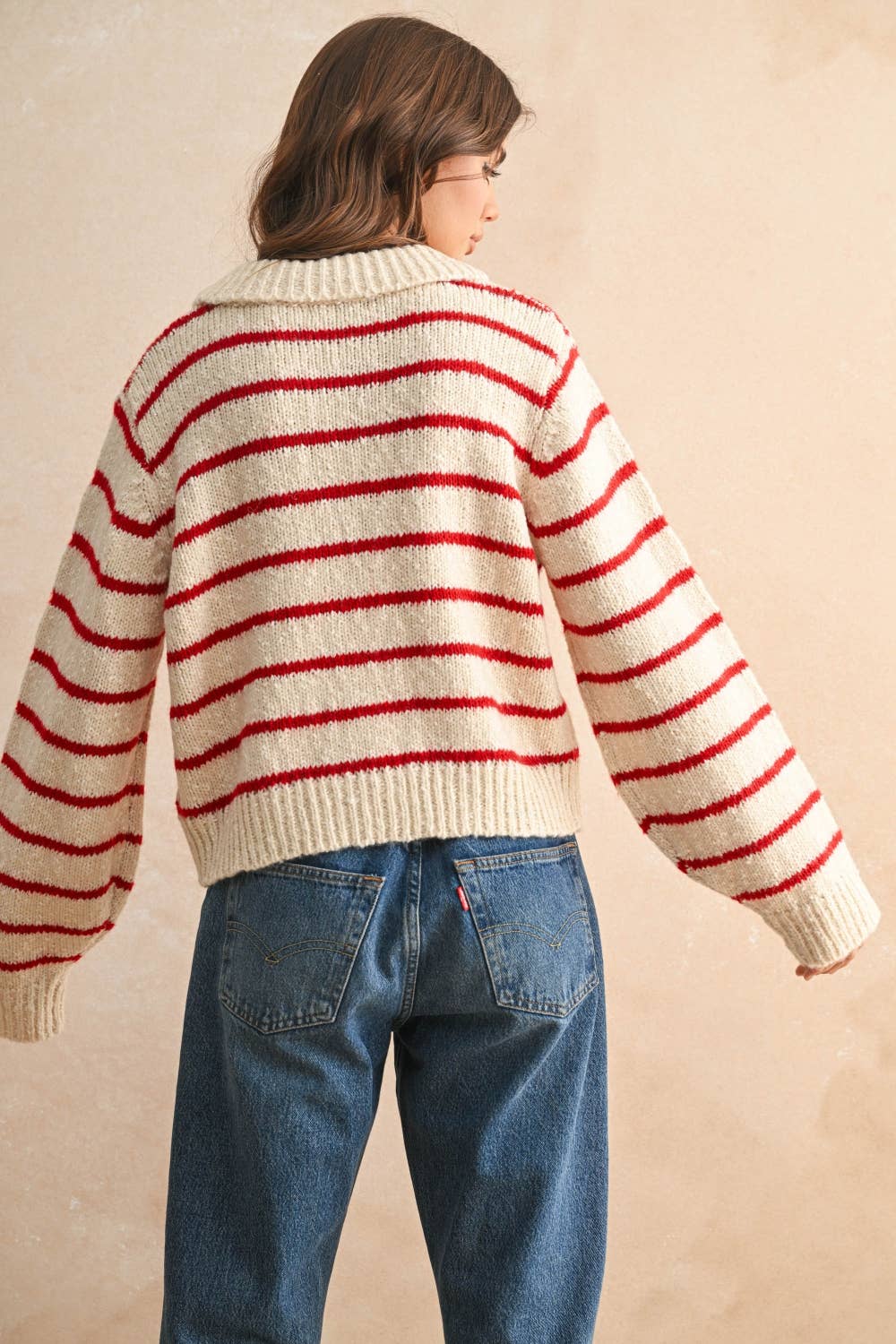 BUTTONDOWN STRIPED KNITTED CARDIGAN: Red