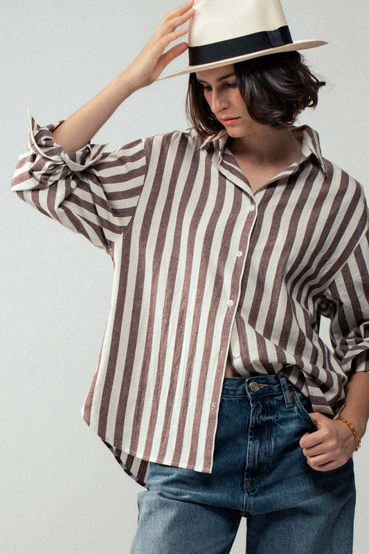 Oversized Stripe Button Down Collared Shirt: Brown