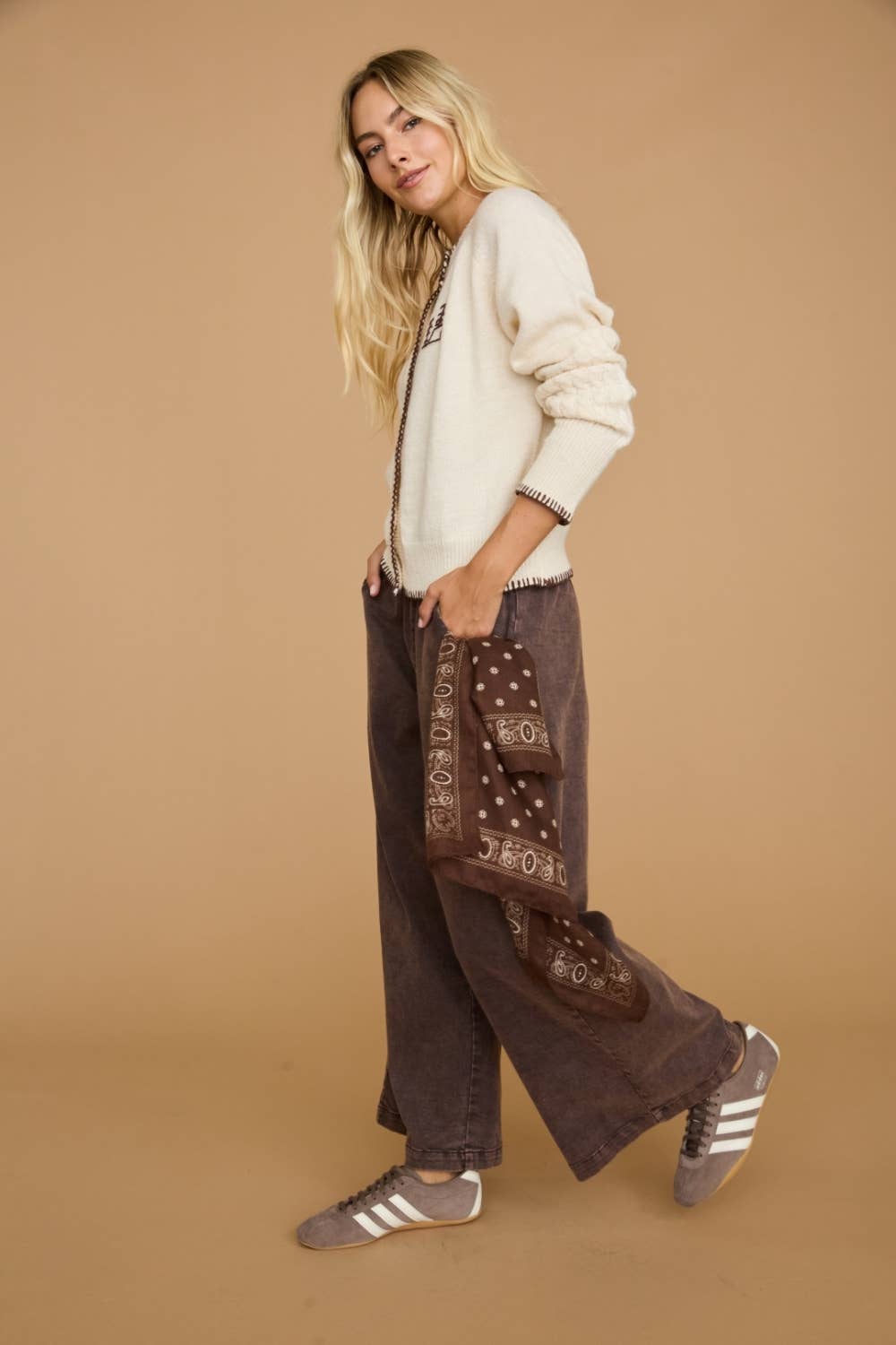 Washed Pull On Wide Leg Pants: CHOCOLATE