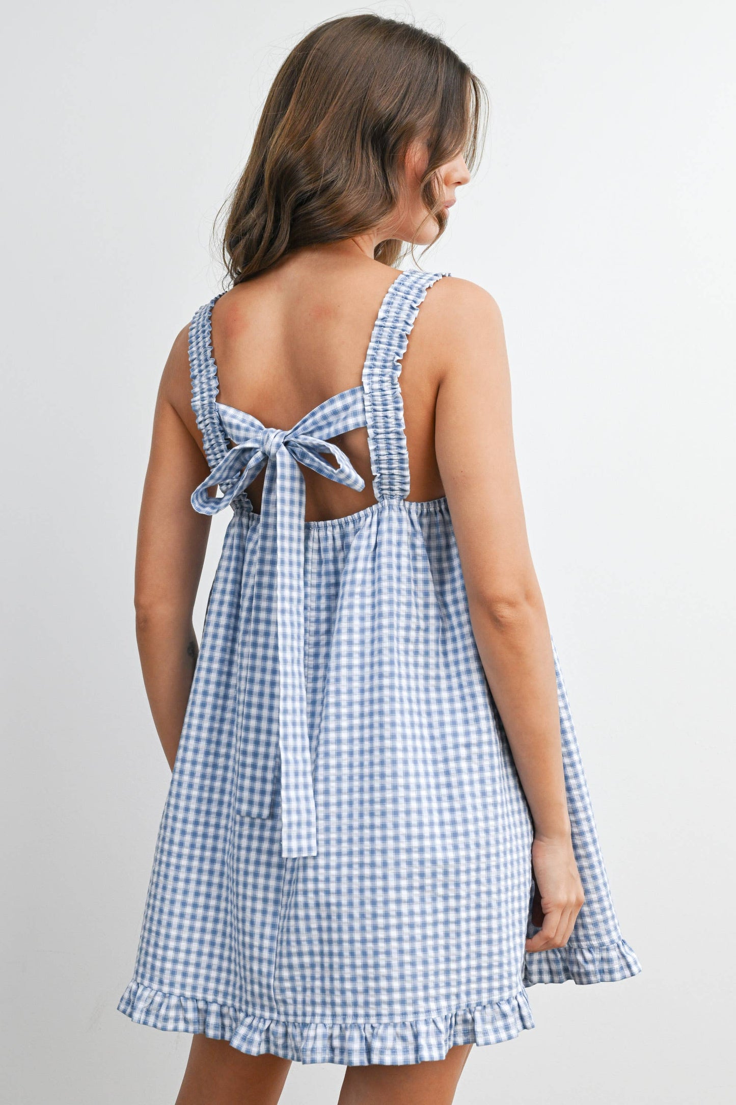 Back-Tie Smocked Ruffle Gingham Dress: BLUE / IVORY