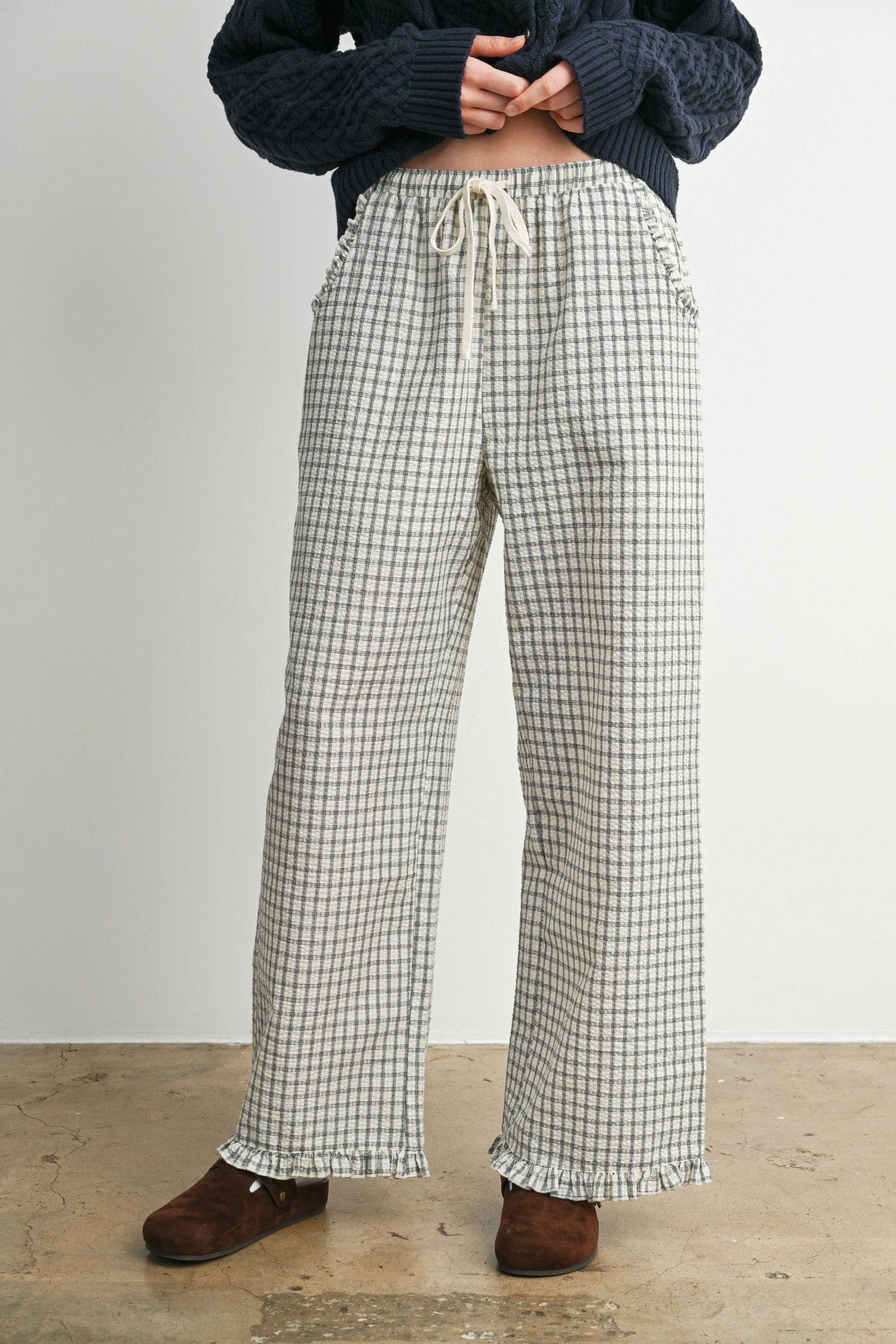 Gingham Drawstring Wide Leg Pants: IVORY