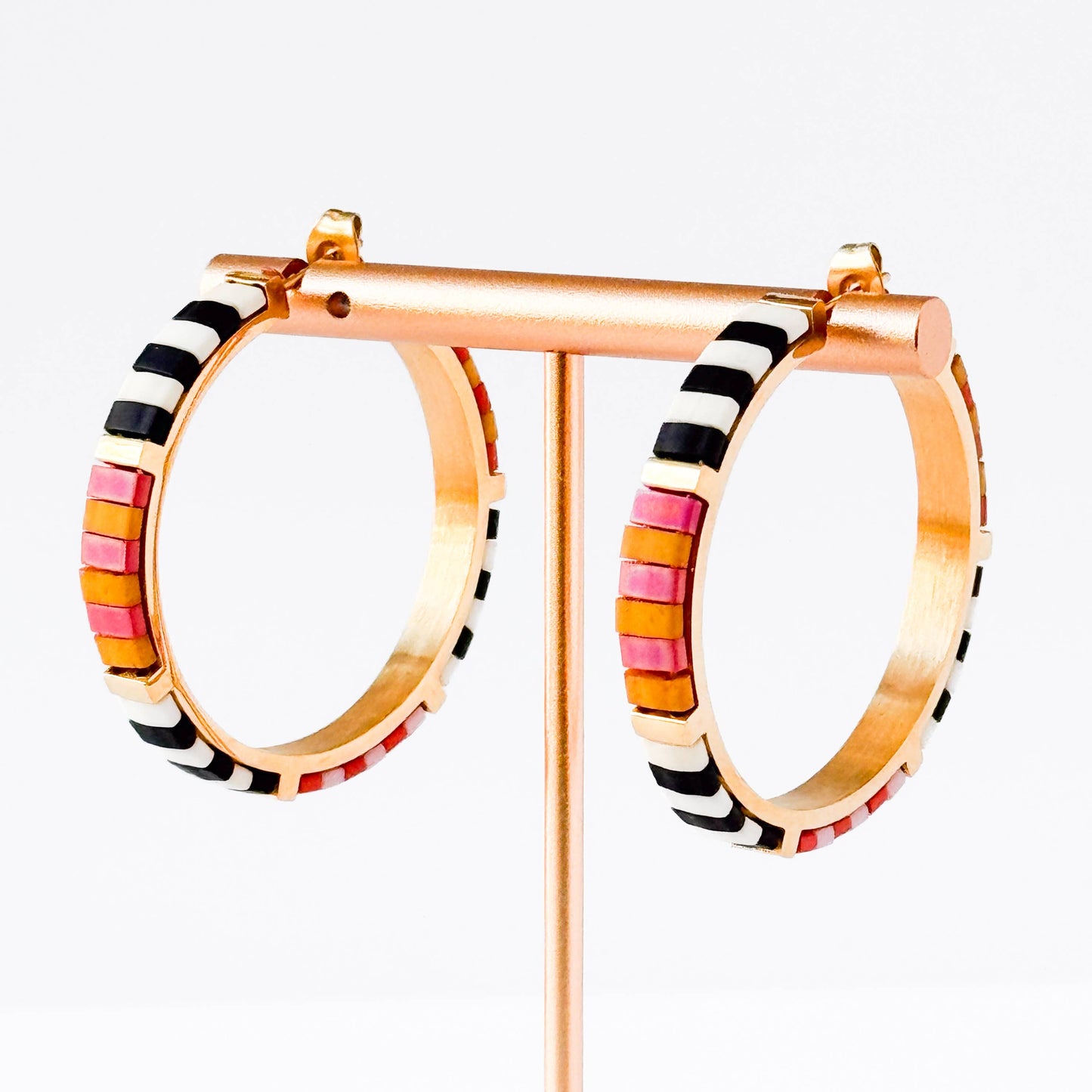 Big Bold Tila Bead Hoop Earrings Gold-Plated, Handmade- B+W