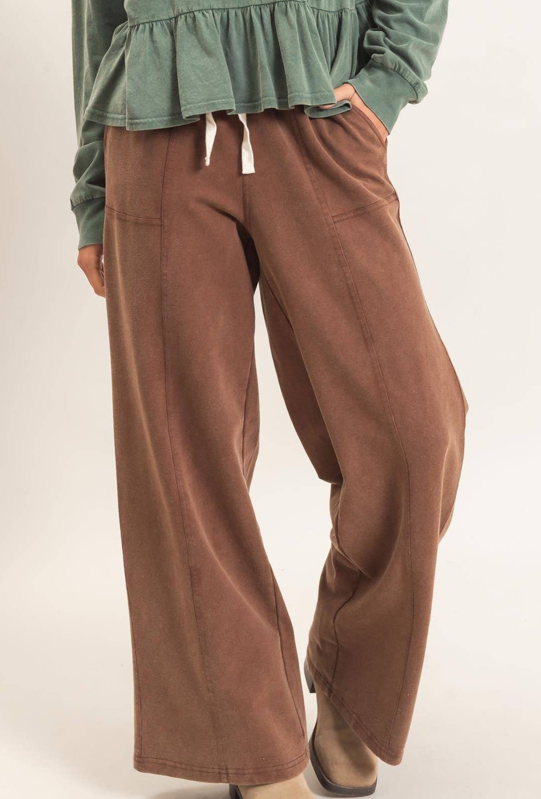 Acid Wash Drawstring Waist Wide Leg Pants: DARK BROWN
