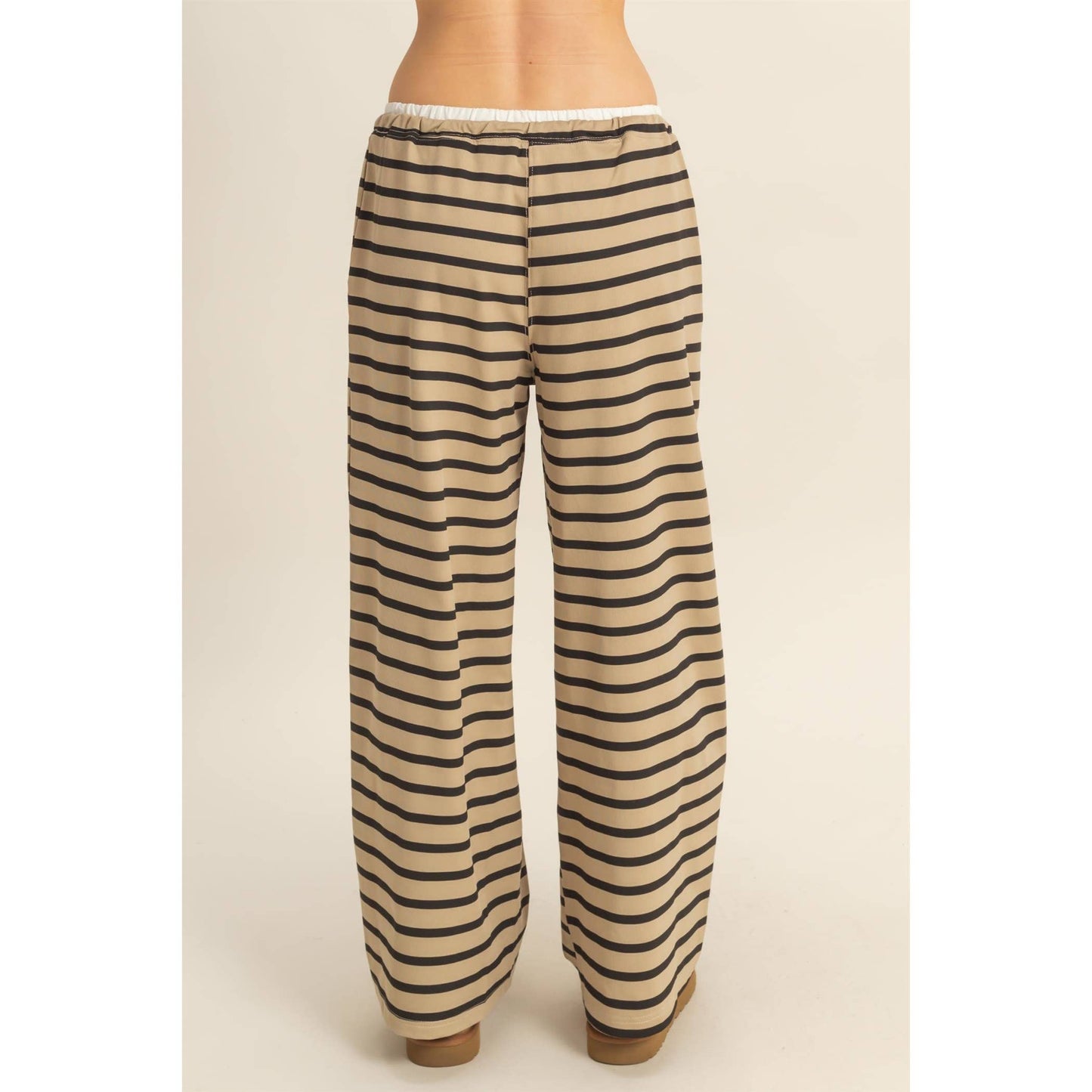 Striped Knit Drawstring Lounge Pants: TAUPE/ BLACK