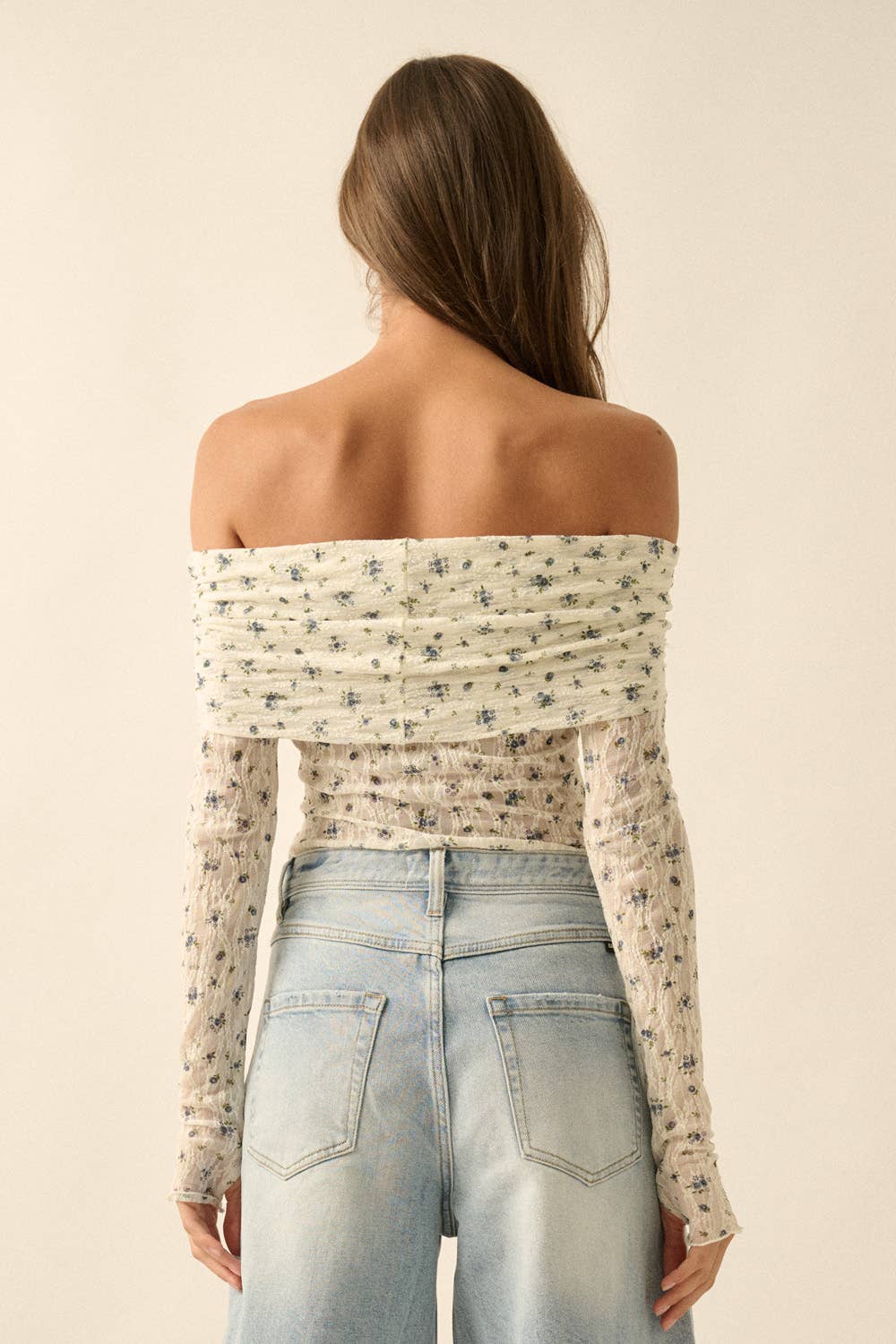 Floral-Print Lace Long-Sleeve Off-Shoulder Foldover Bodysuit: Cream
