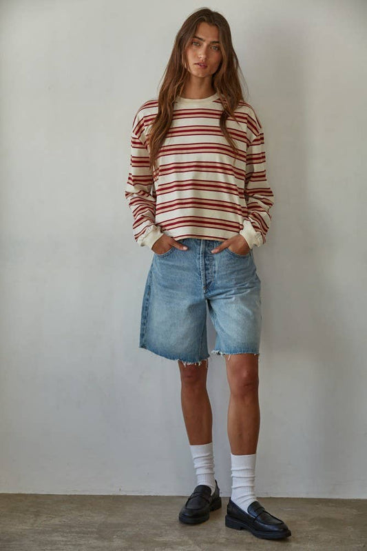 Knit Cotton Stripe Crew Neck: Taupe Red