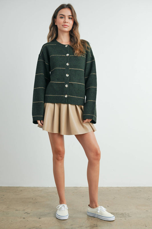 Button Front Striped Cardigan: OLIVE MULTI