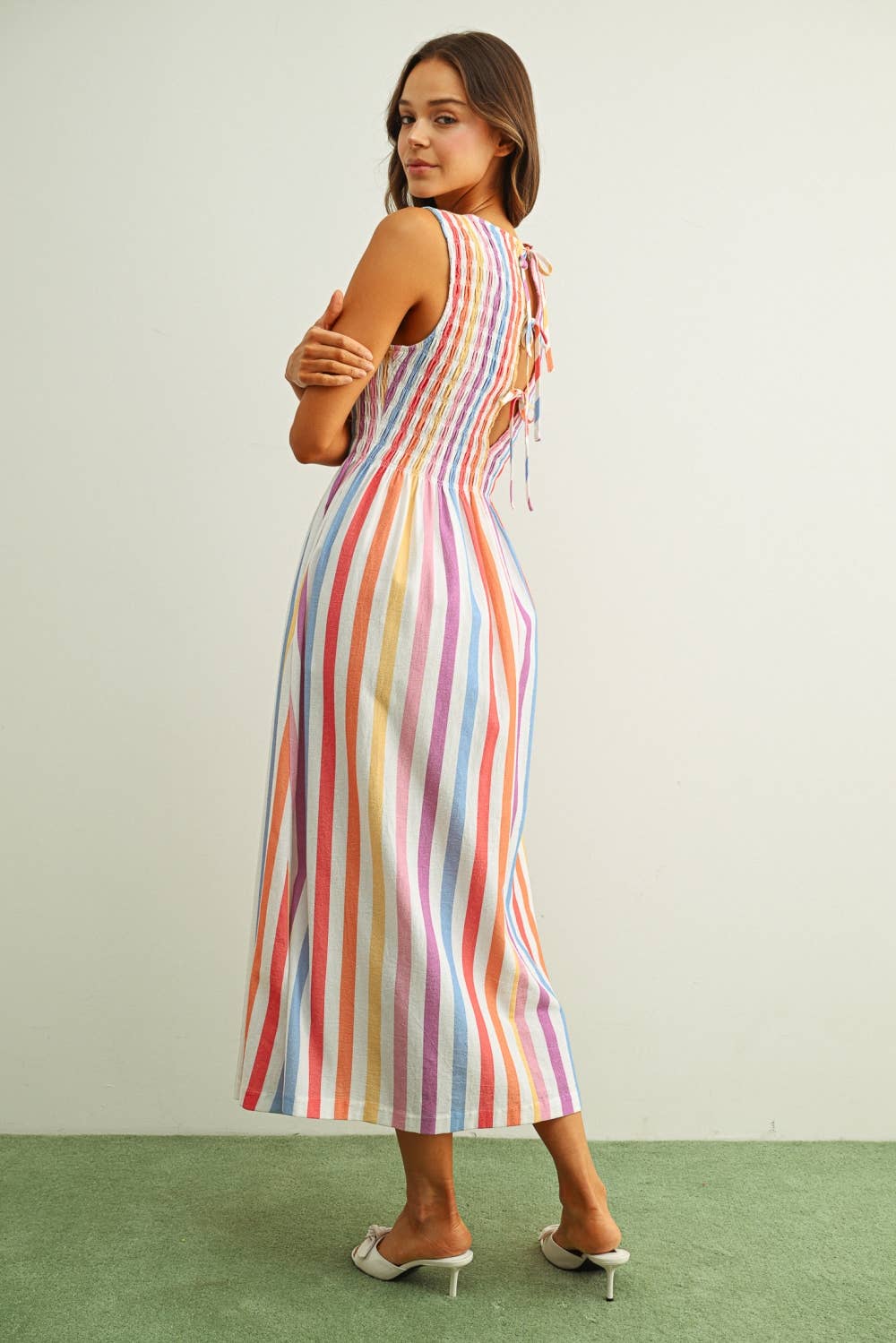 MULTI STRIPE PRINT S/L WITH SMOCKING DRESS: MULTI