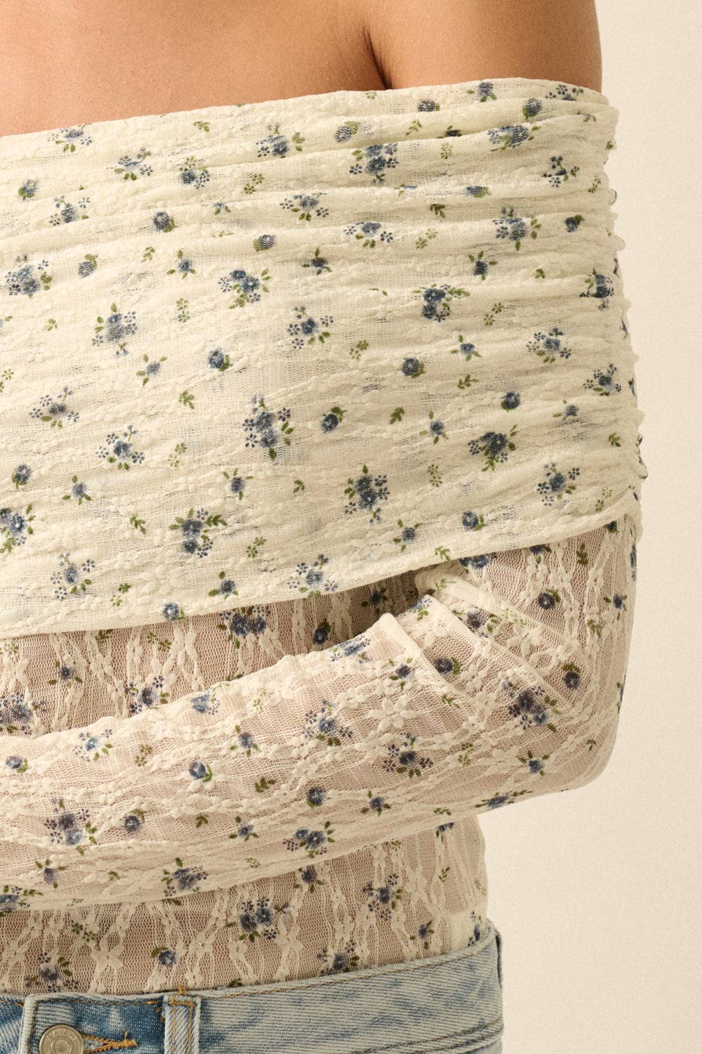 Floral-Print Lace Long-Sleeve Off-Shoulder Foldover Bodysuit: Cream