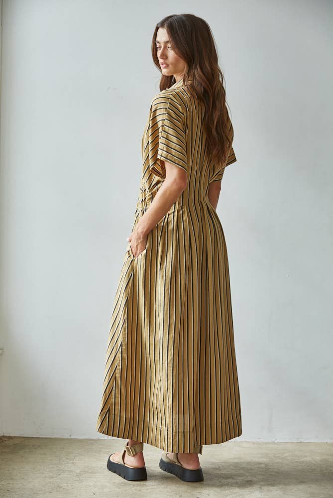 Woven Cotton Striped Collar Button-Down Flare Dress : Coffee