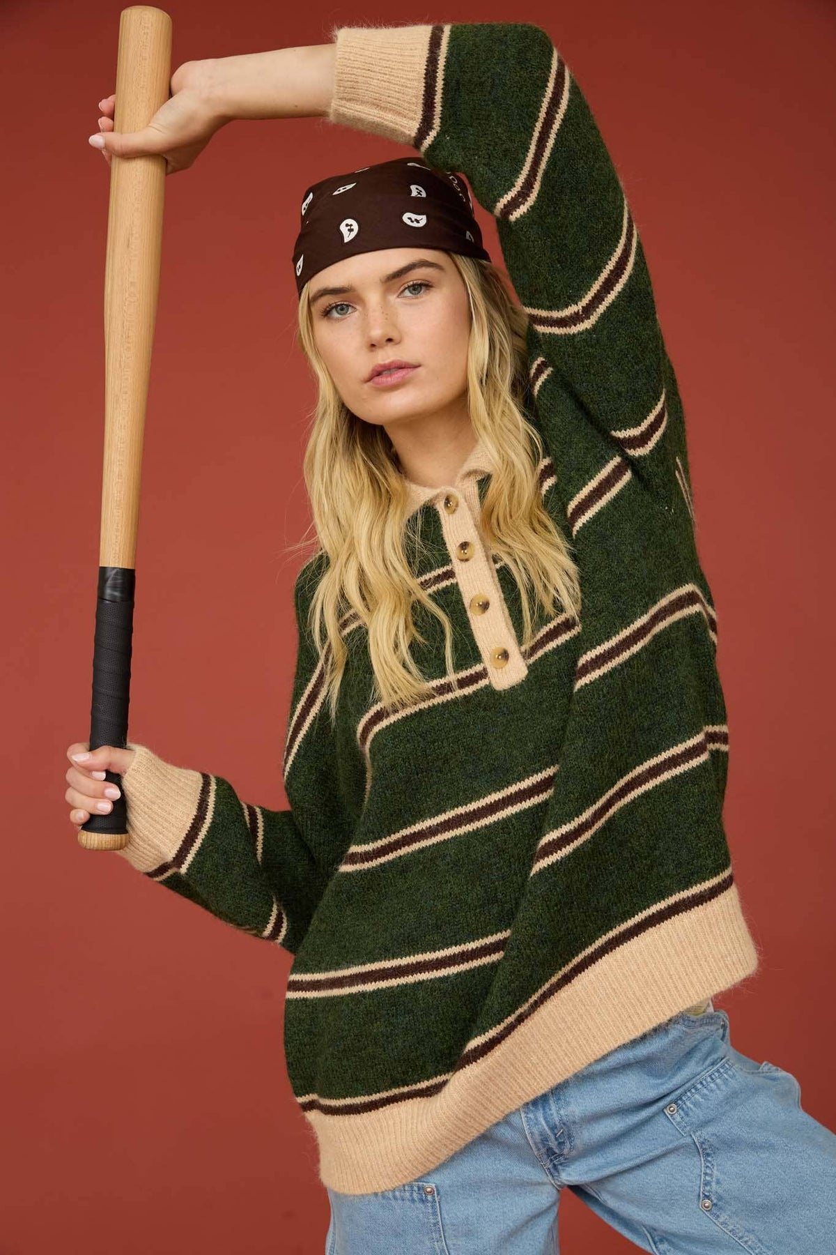 CONTRAST COLLAR STRIPE POLO FUZZY KNIT SWEATER : HUNTER GREEN MULTI