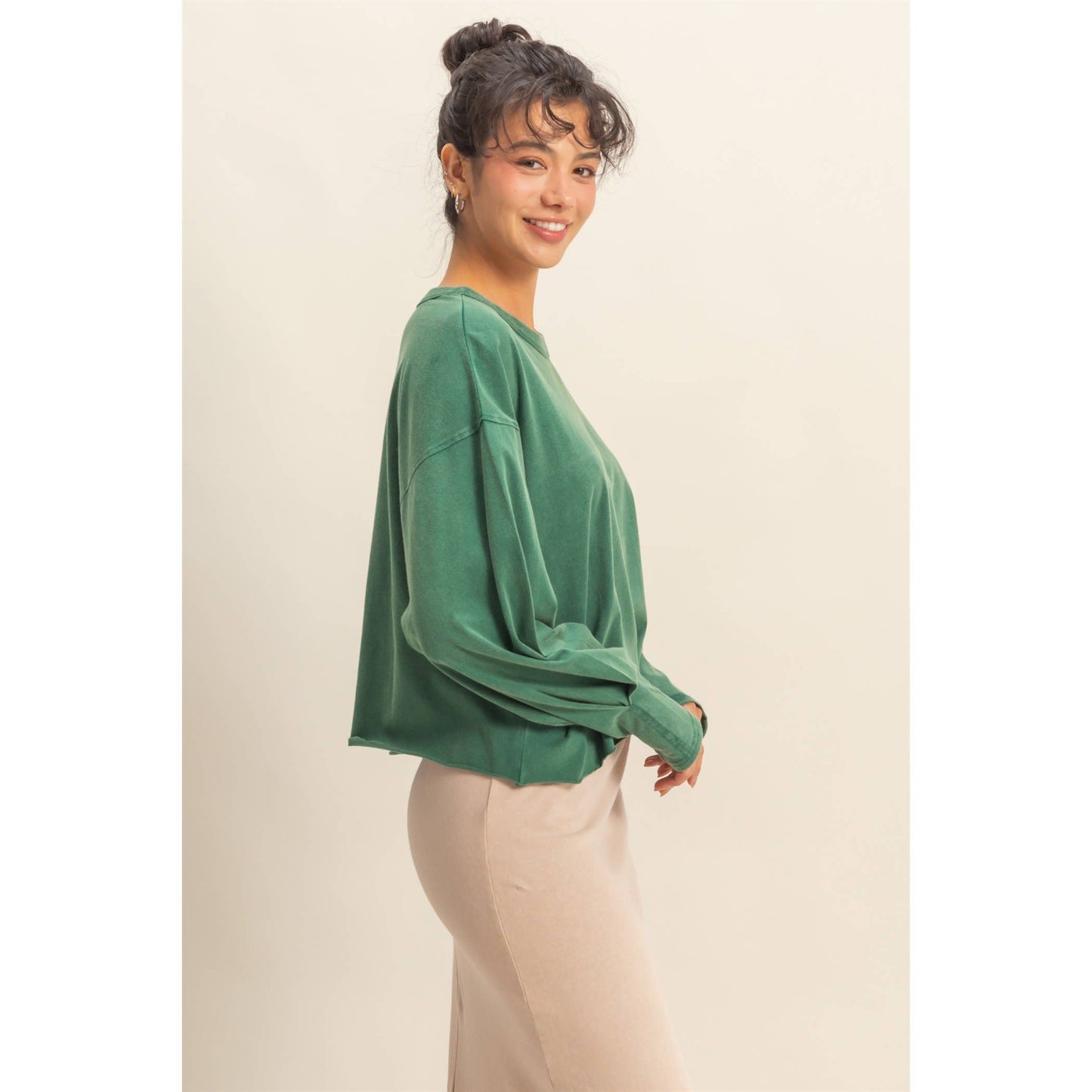 Washed Oversized Long Sleeve Top: BLACK