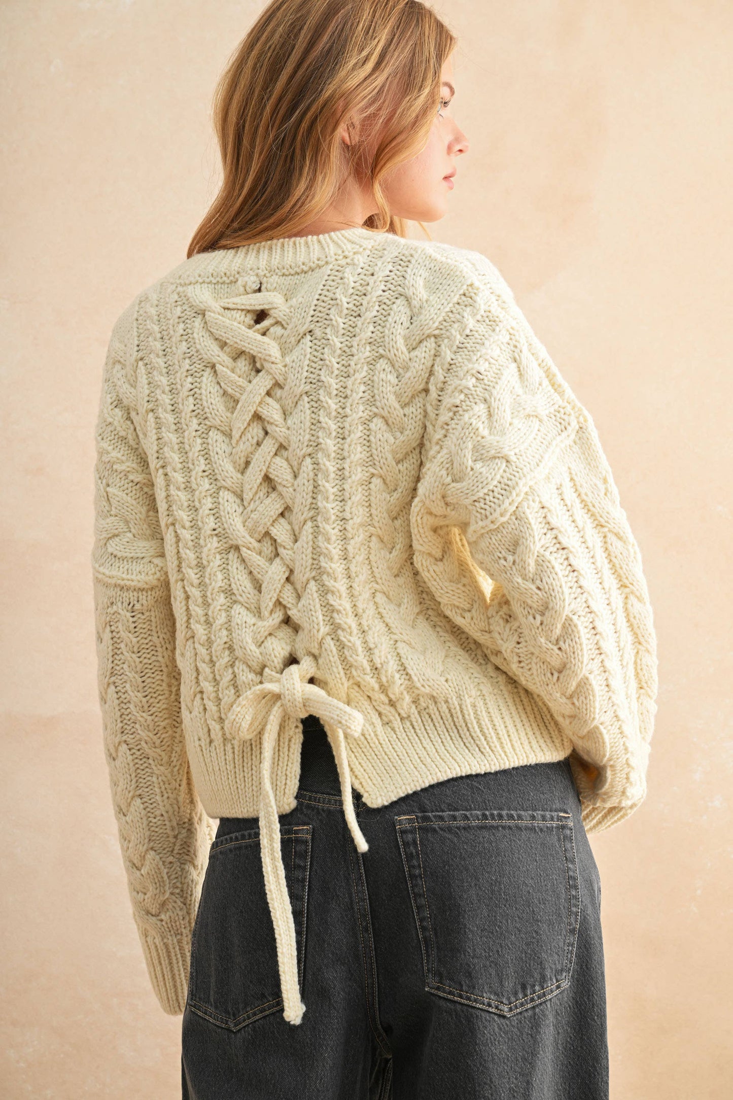 BRAID ON BACK CABLE SWEATER: IVORY