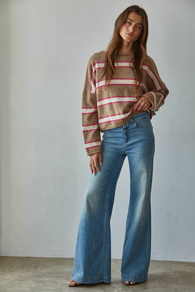 W2115 | Knit Sweater Polyester Acrylic Wool Spandex Striped : Mocha Multi