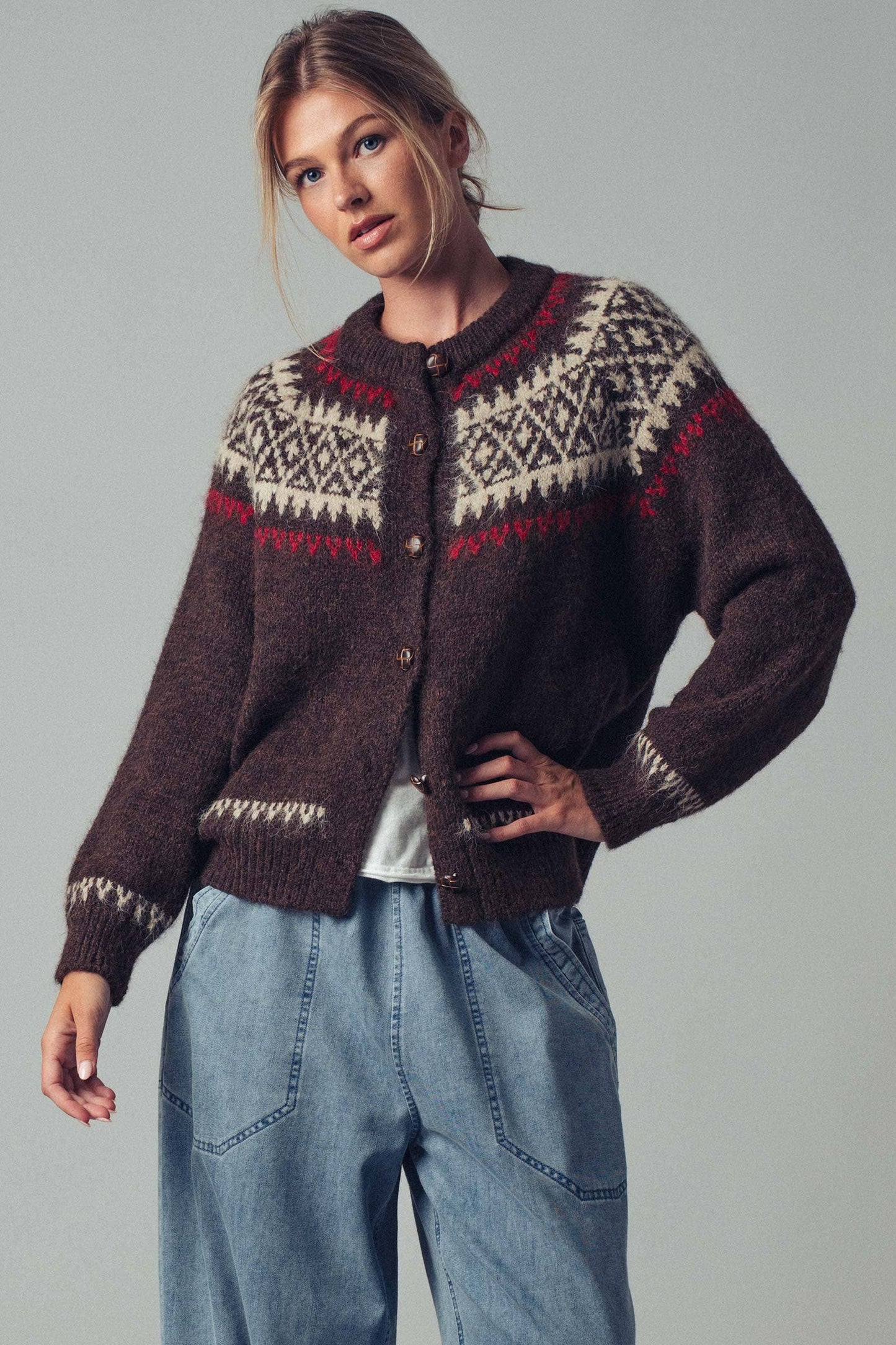 Fair Isle Nordic Toggle Knit Cardigan: BROWN