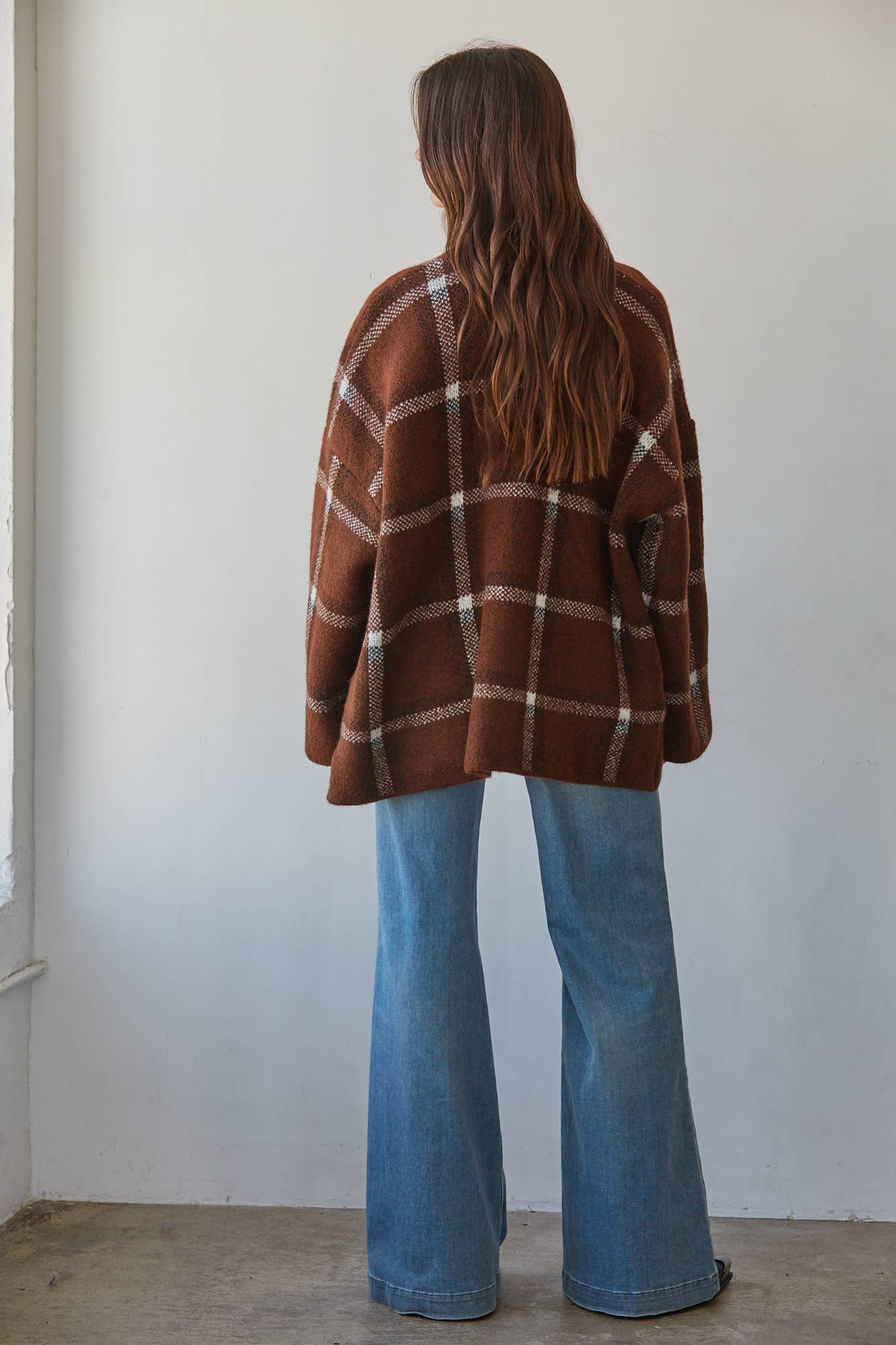 Knit Sweater Open Front Long Sleeve Cardigan Top: Brown White