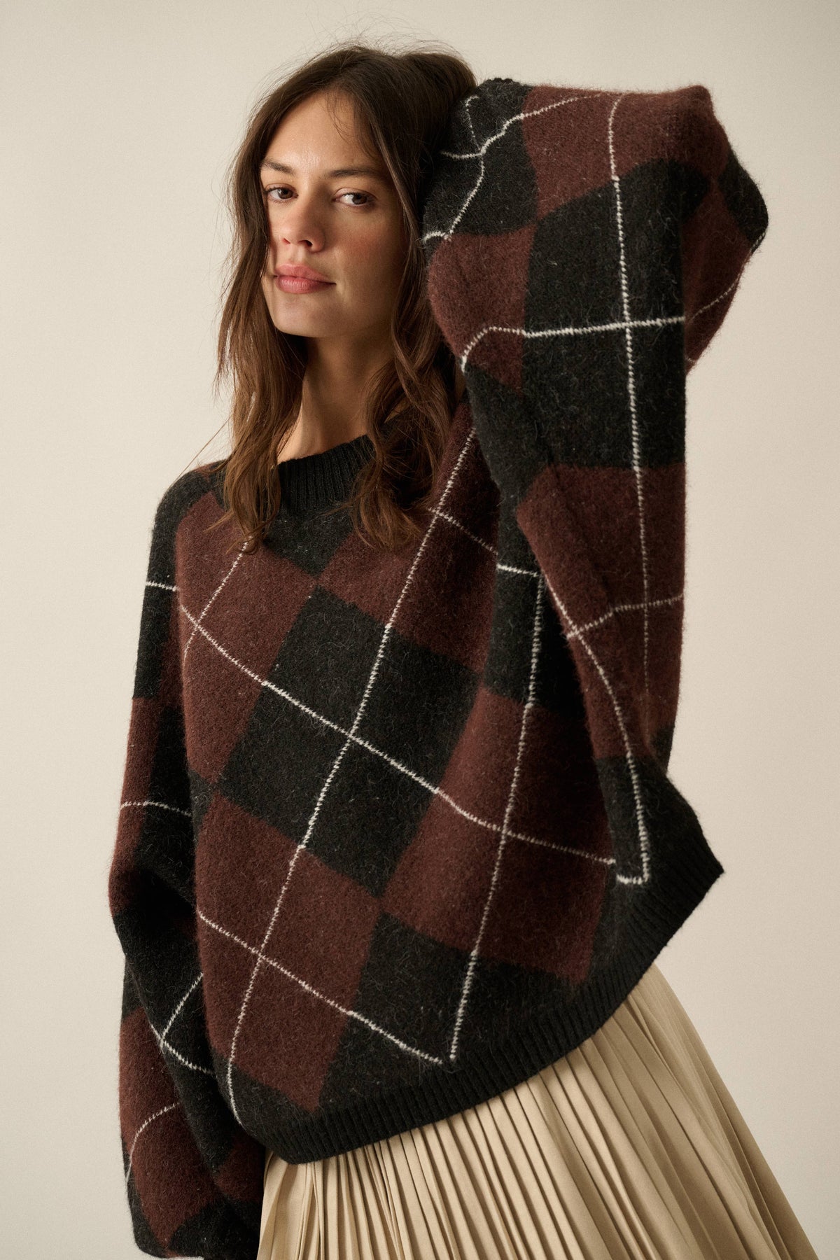Argyle Plaid Knit Dolman-Sleeve Sweater: Brown-Black