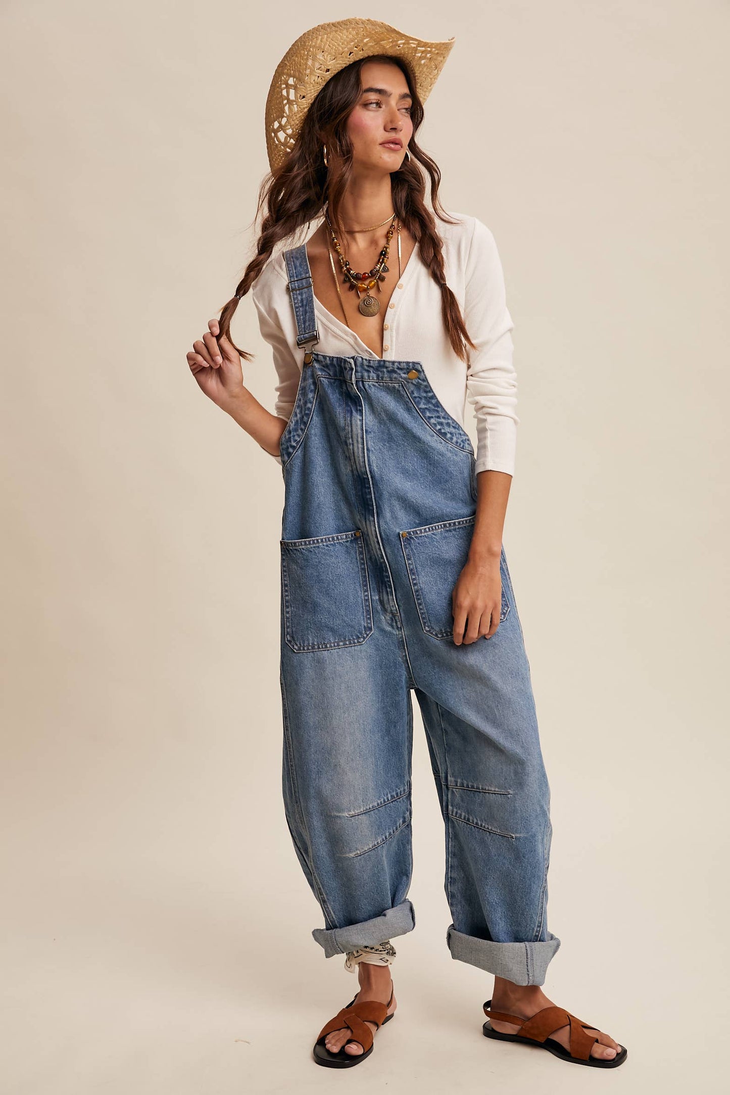 Wide-Leg Denim Overalls: Sunwashed Blue