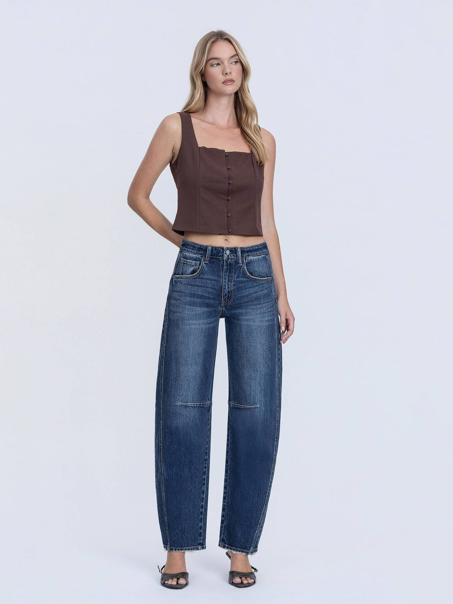 HIGH RISE DARK WASH FULL LENGTH BARREL JEANS