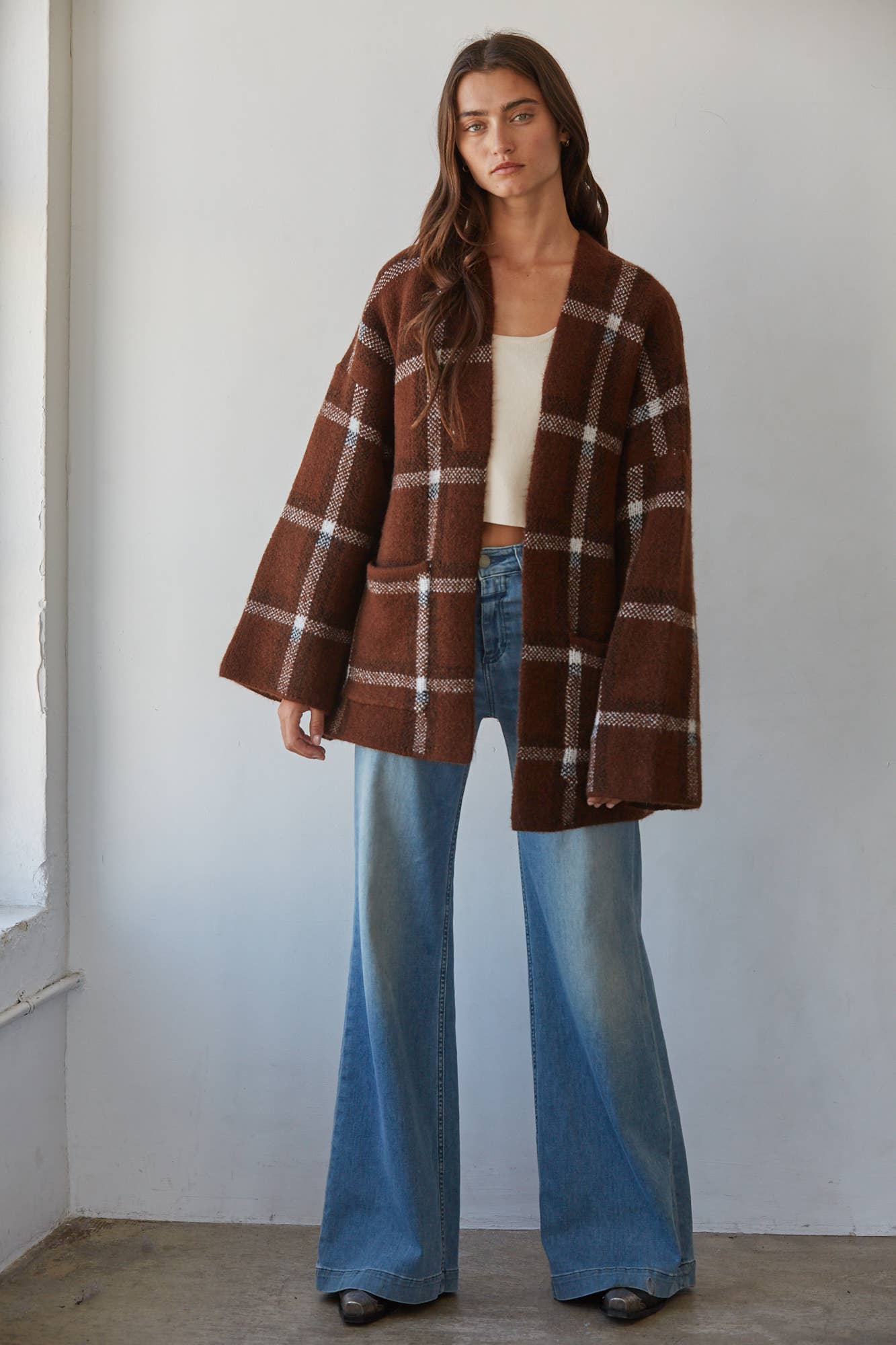 Knit Sweater Open Front Long Sleeve Cardigan Top: Brown White