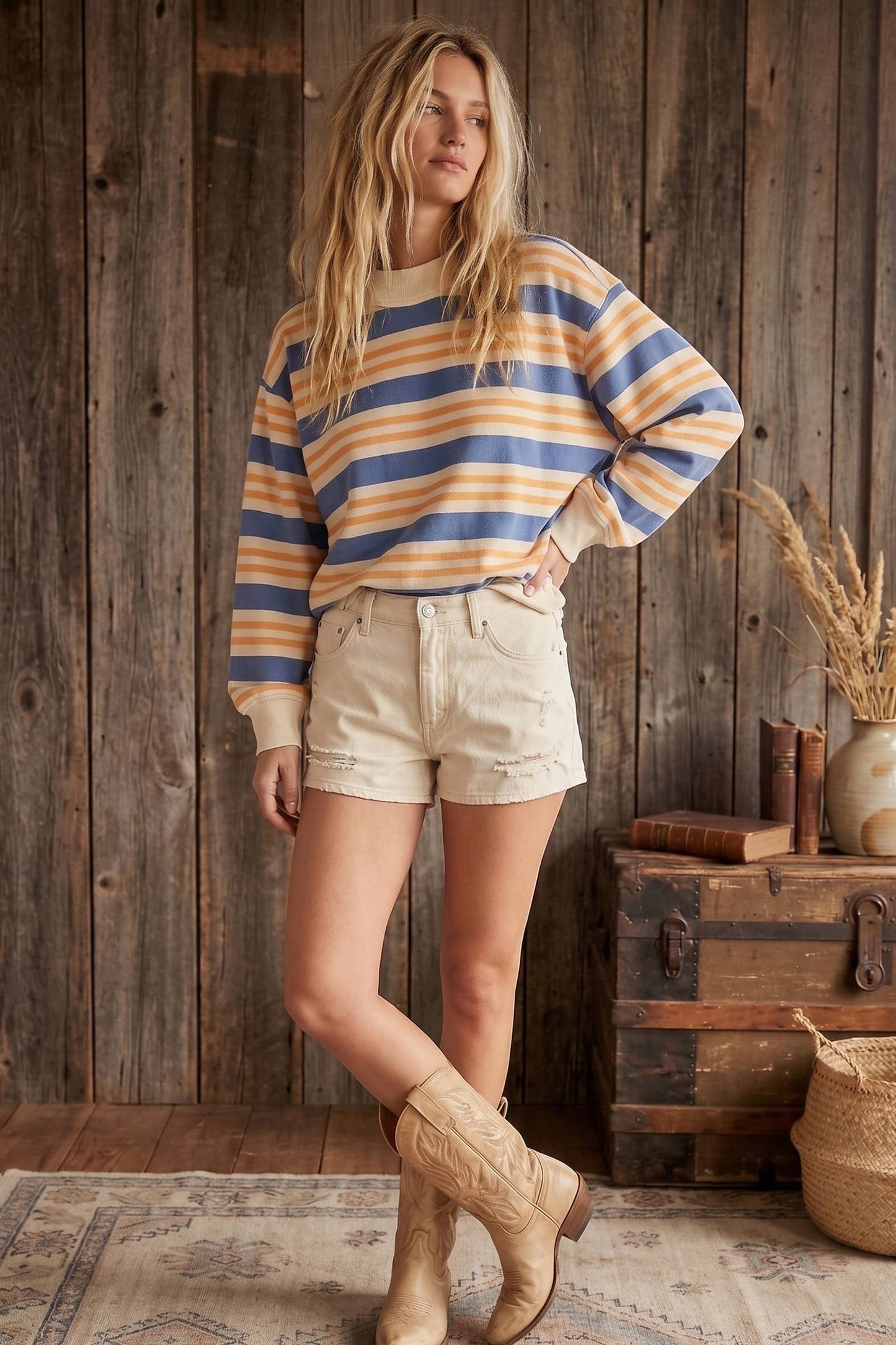 Oversized Terry Striped Sweatshirt: DENIM/APRICOT